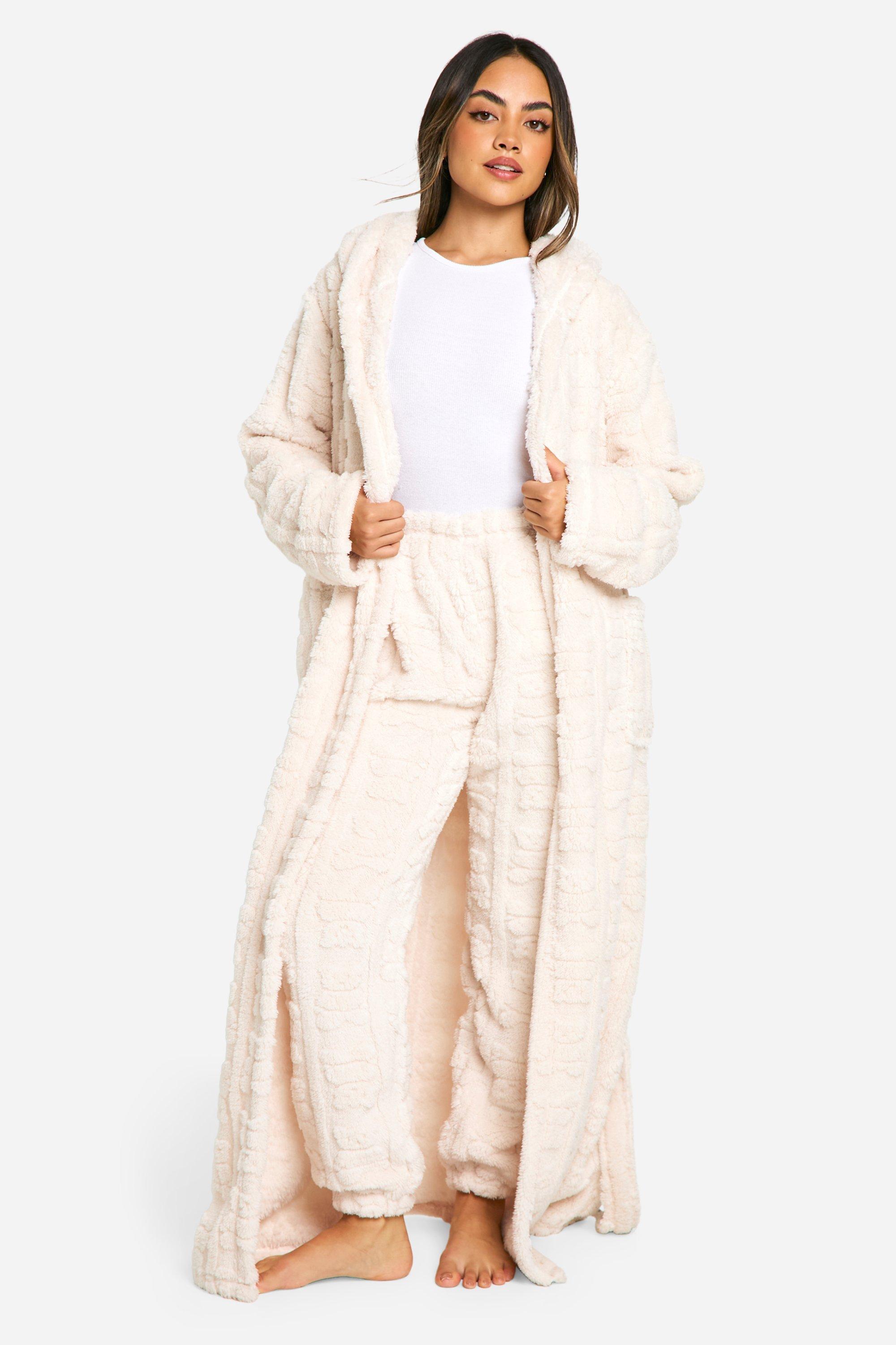 Womens Bear Embossed Fleece Dressing Gown - White - L, White