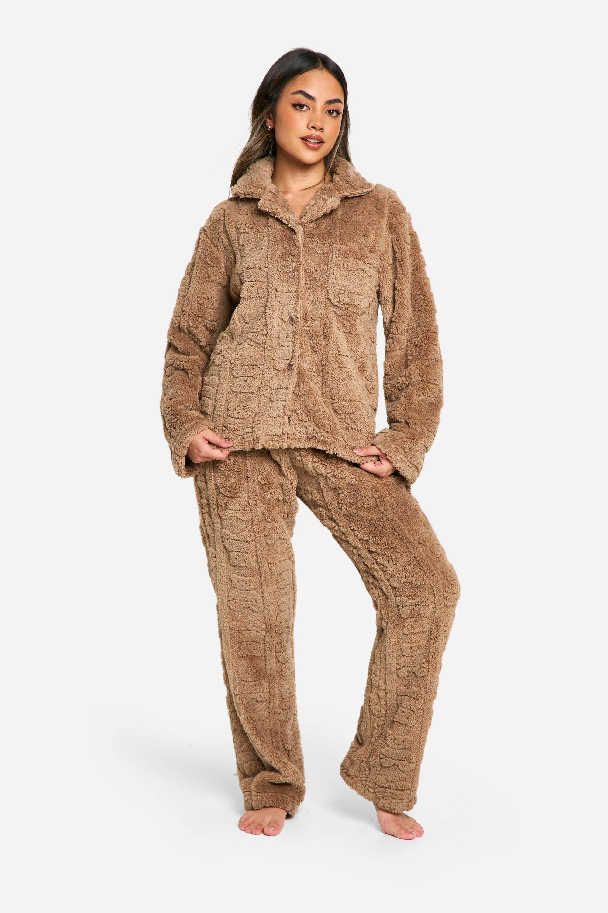 Womens Bear Embossed Button Up Fleece Pj Set - Brown - 6, Brown