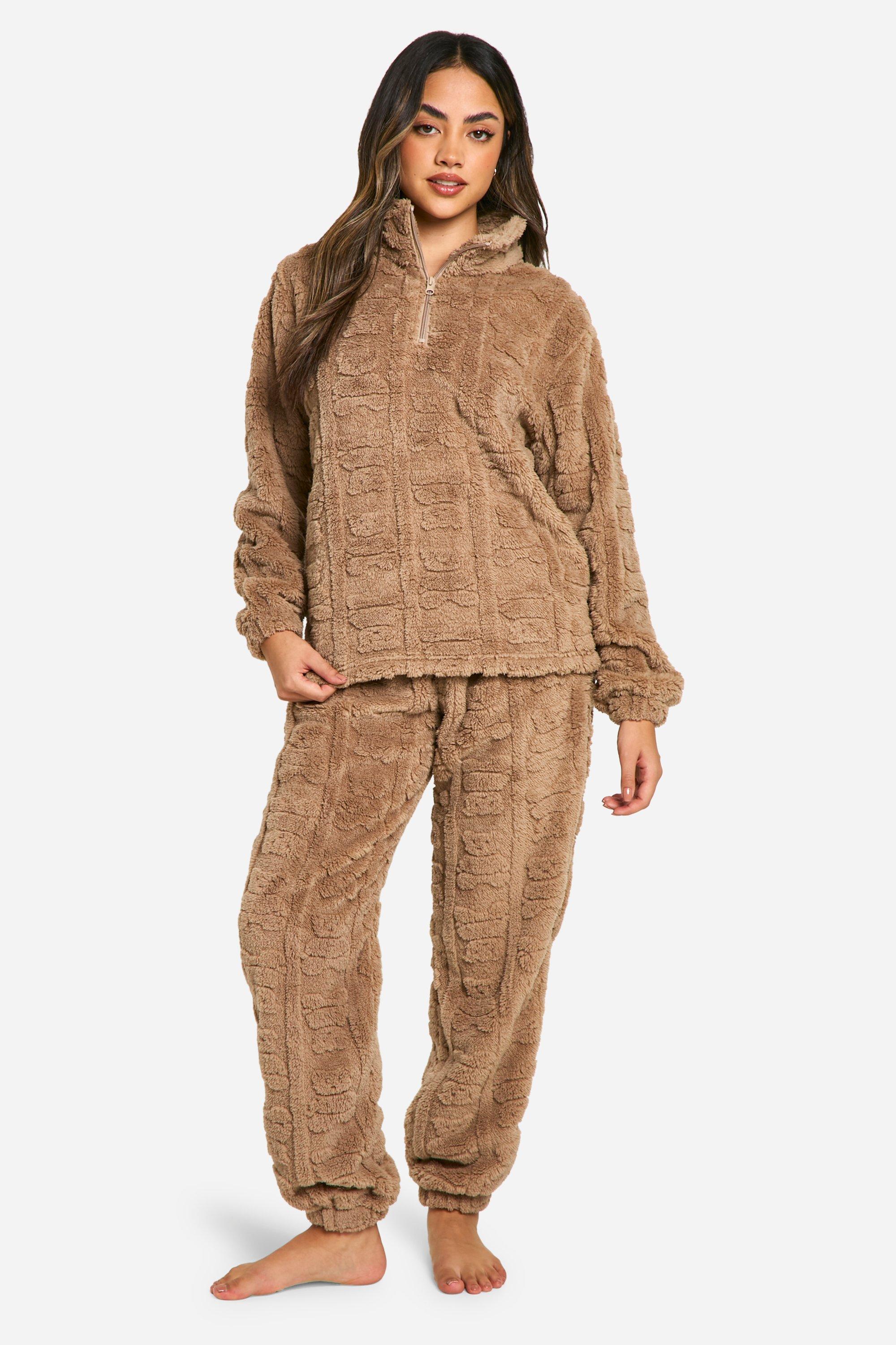 Womens Bear Embossed Zip Up Fleece Jogger Set - Brown - 8, Brown