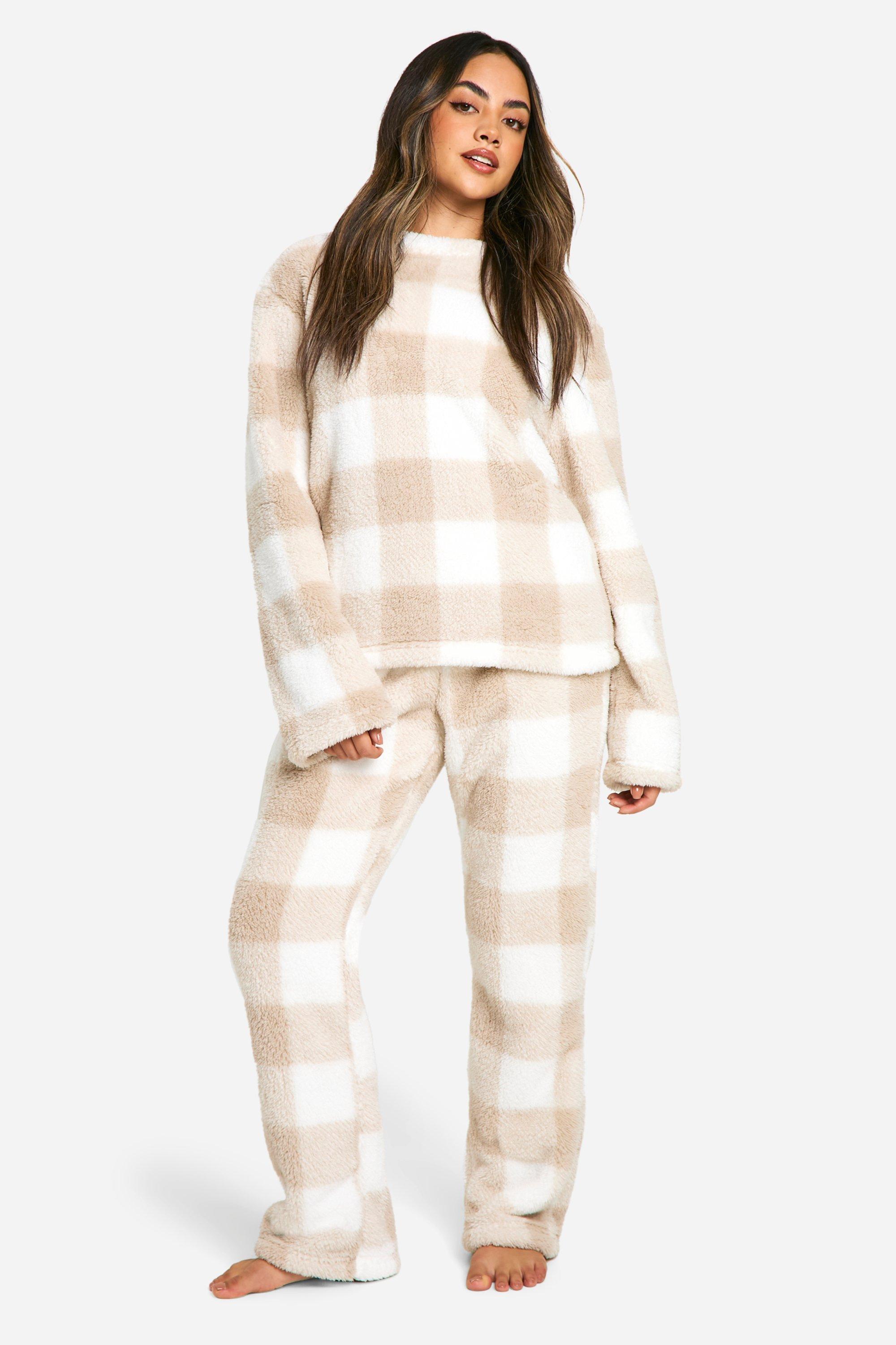 Womens Tonal Fleece Check Sweat And Trouser Lounge Set - White - 12, White