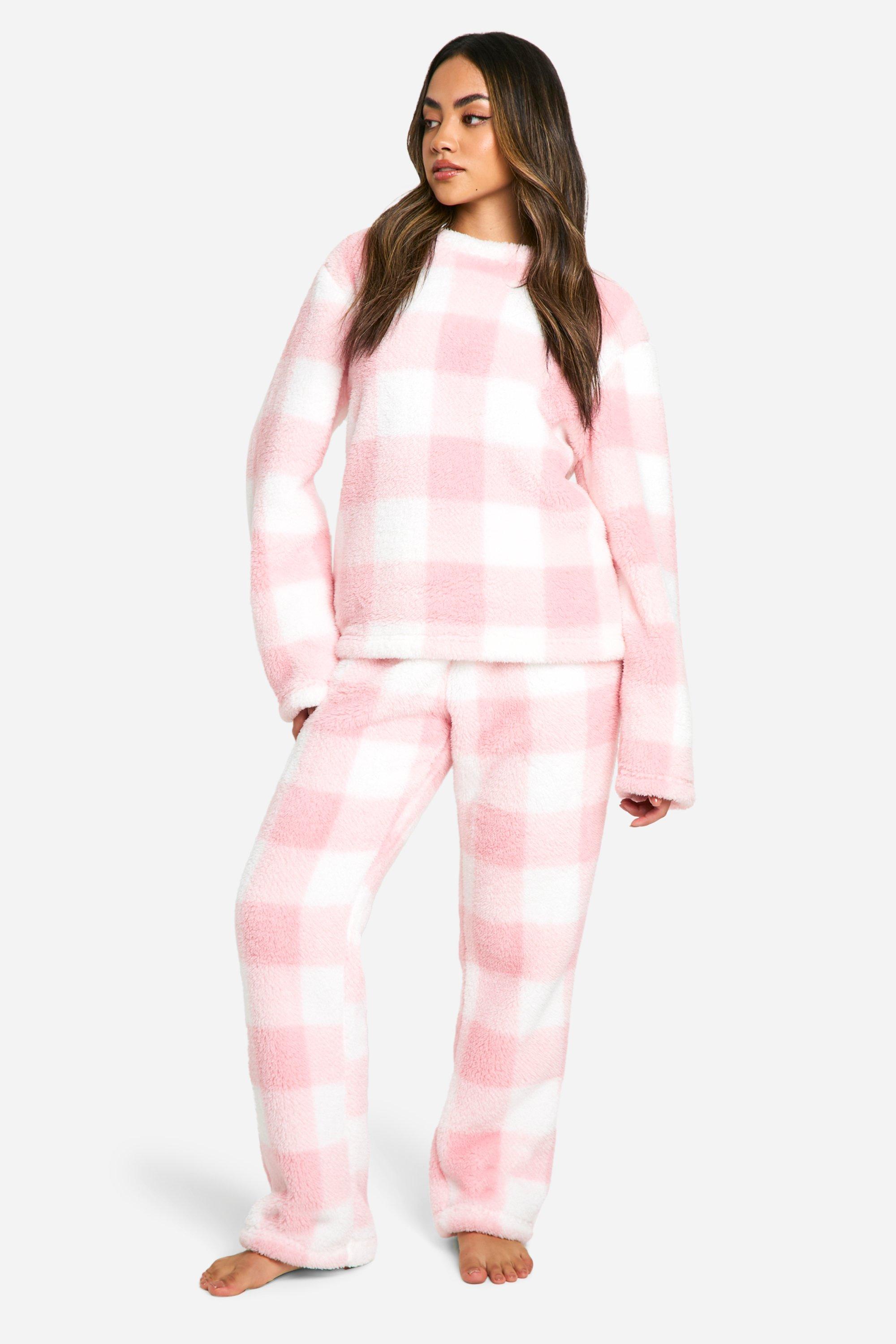 Womens Pink Check Sweat And Trouser Fleece Lounge Set - 14, Pink