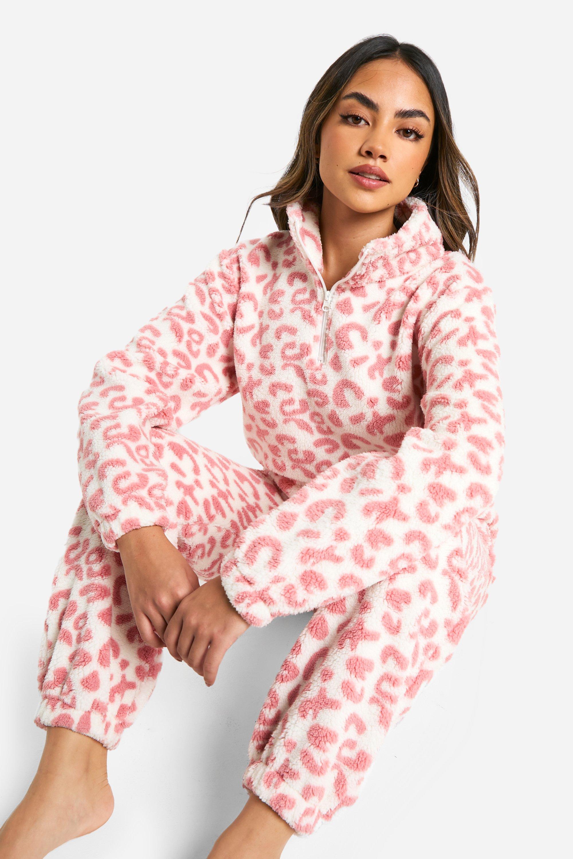 Womens Pink Leopard Fleece Zip Through And Jogger Set - 8, Pink