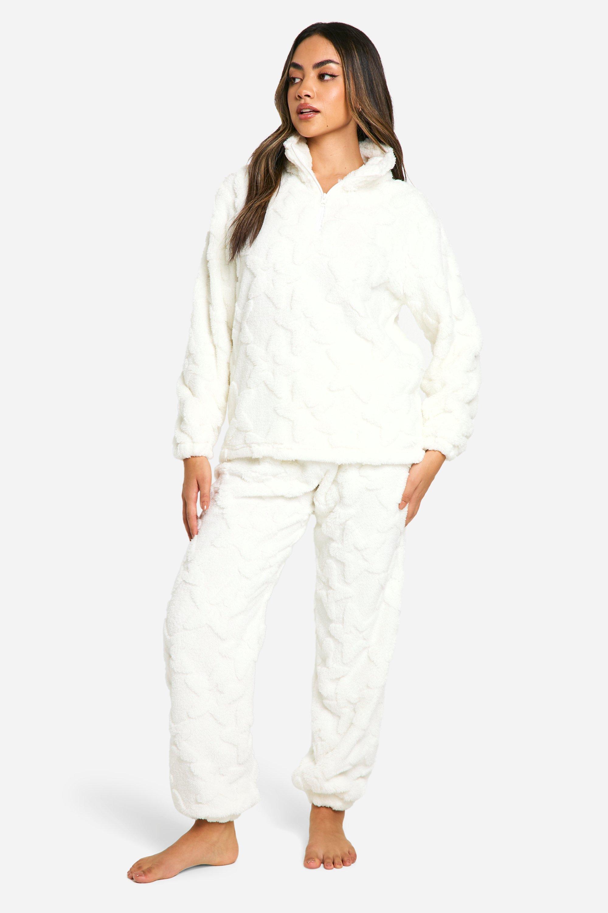 Womens Star Embossed Fleece Zip Through And Jogger Set - White - 8, White