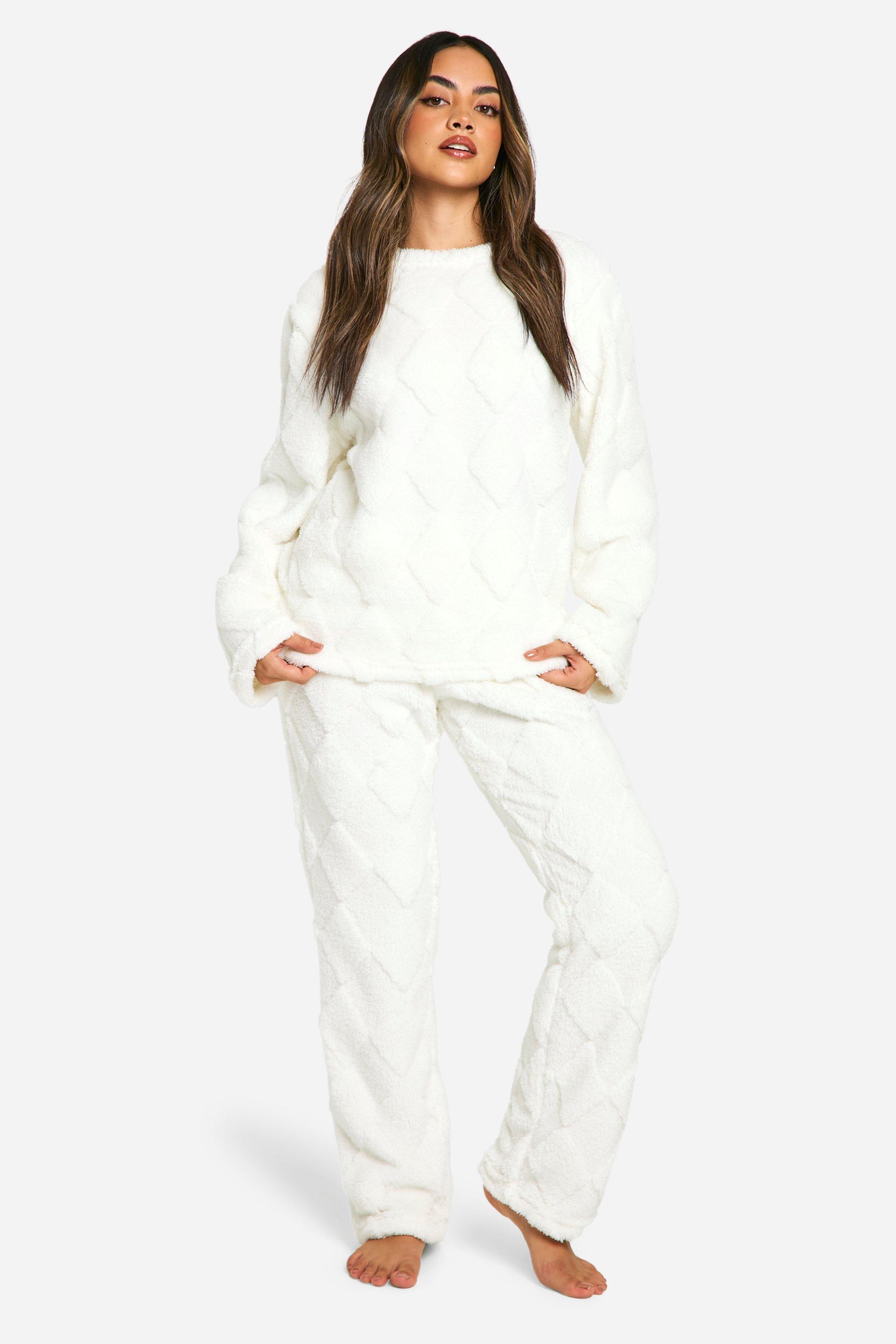 Womens Embossed Fleece Jumper And Wide Leg Lounge Set - White - 10, White