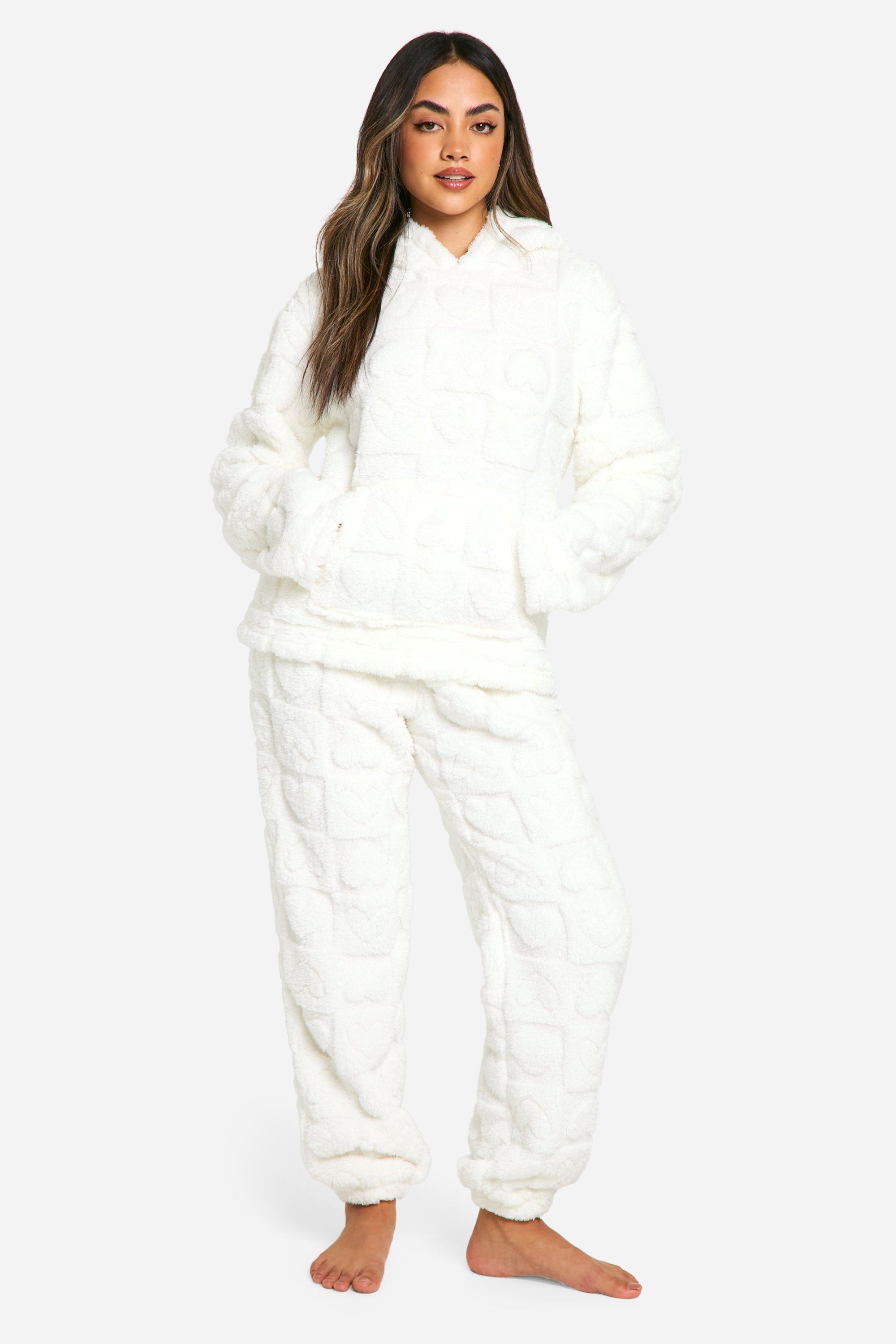 Womens Heart Embossed Fleece Hoody And Jogger Set - White - 8, White