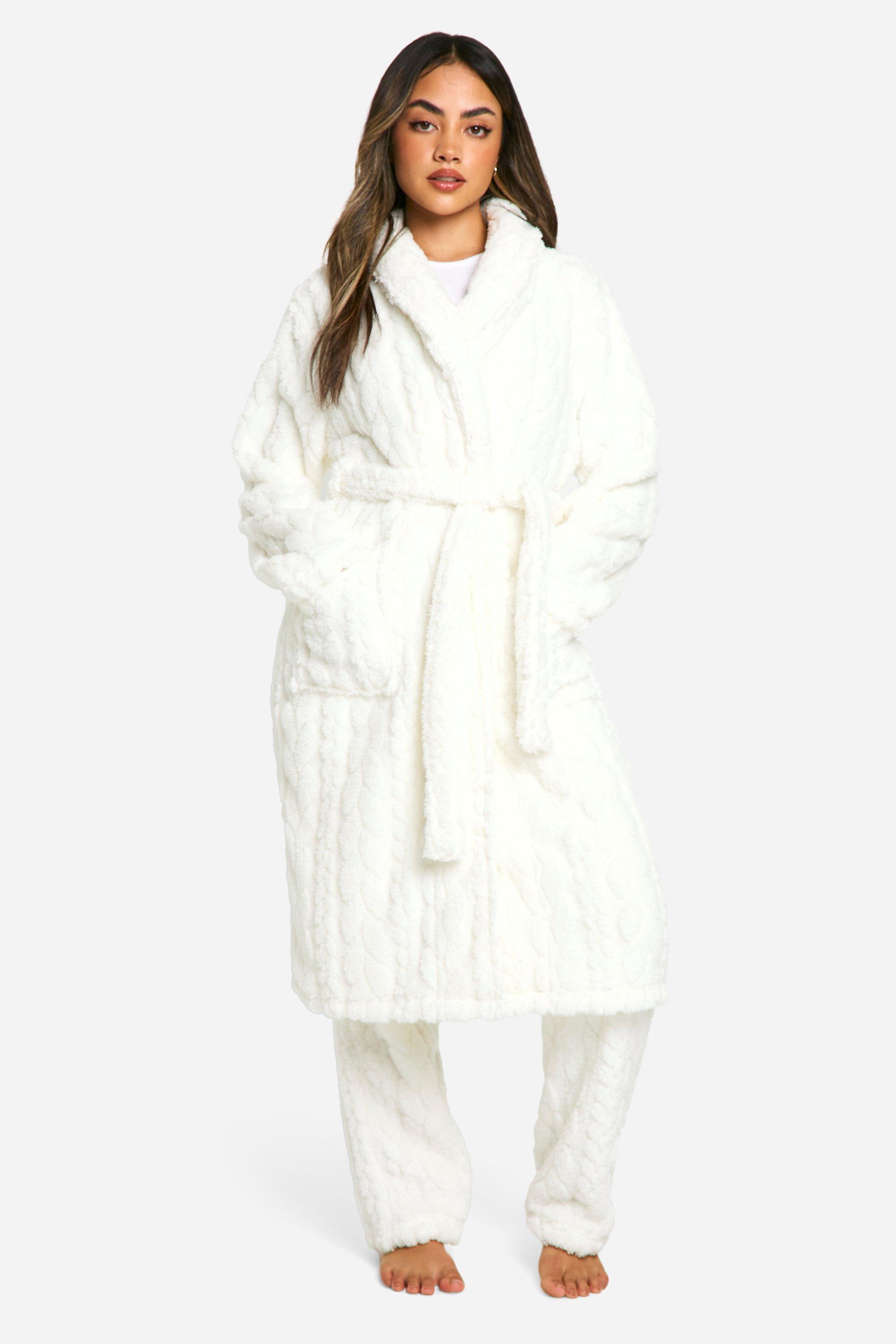 Womens Cable Knit Fleece Dressing Gown - White - L, White