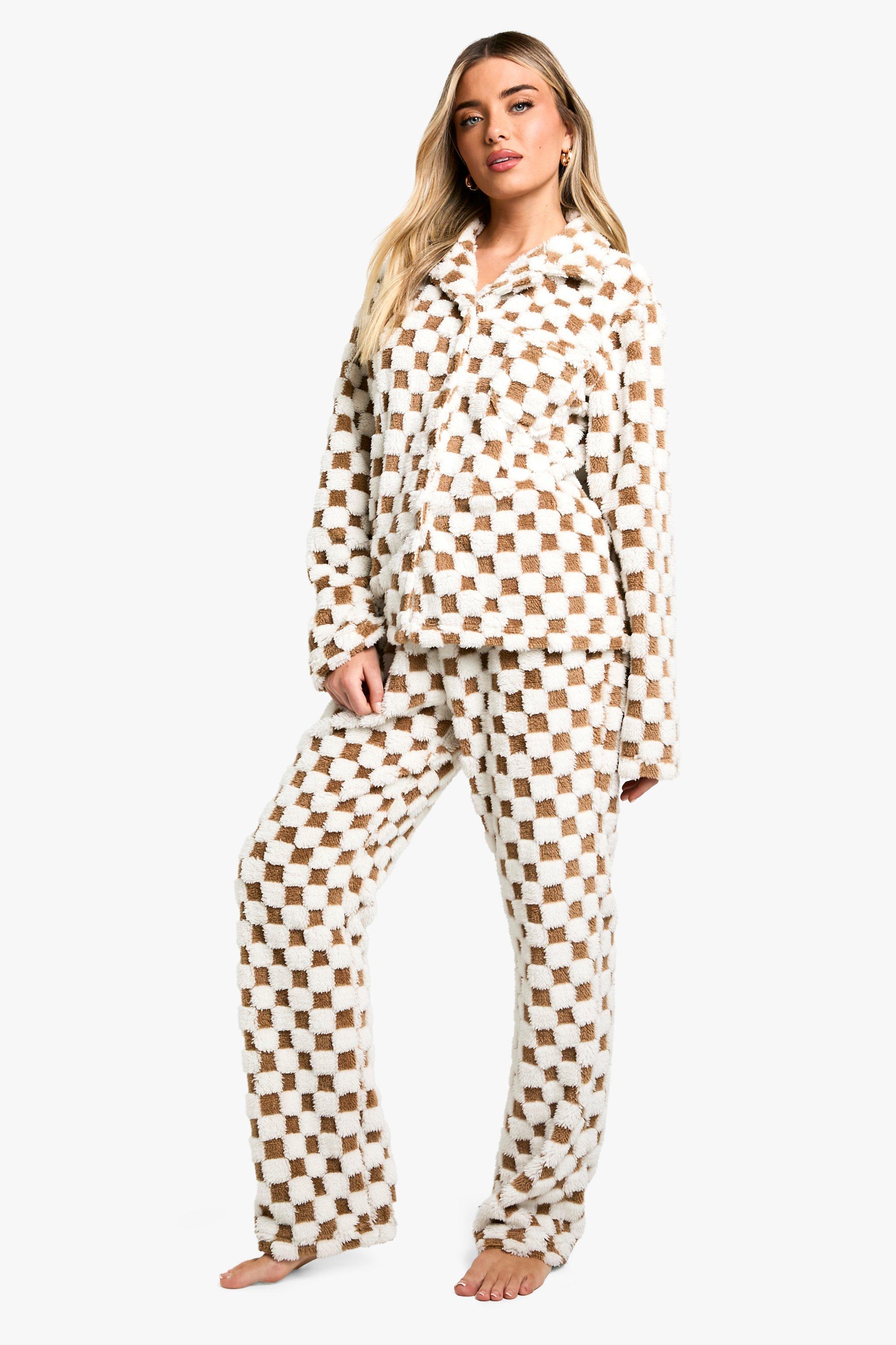 Womens Fleece Tonal Checkerboard Button Front Pj Set - Brown - 6, Brown