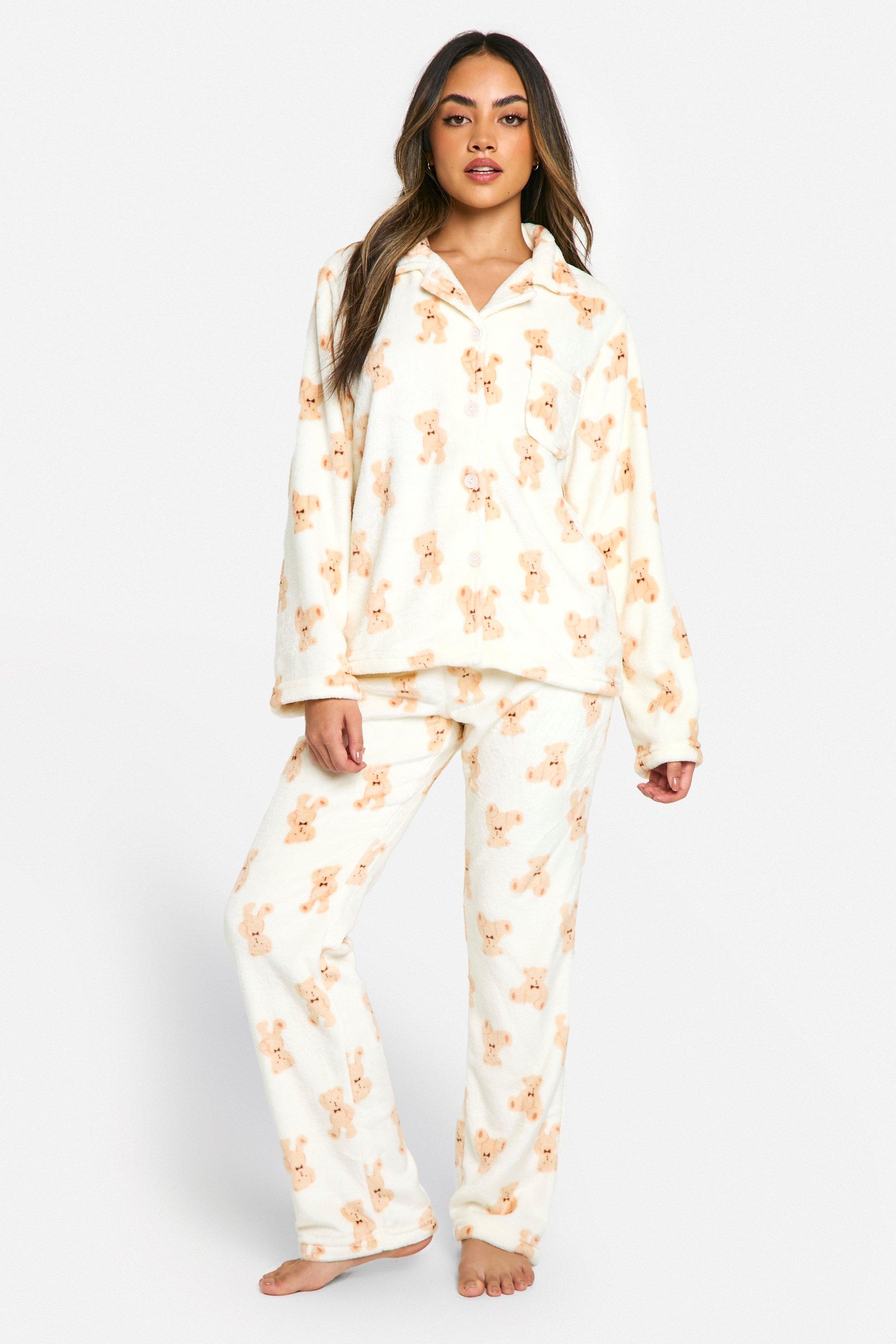 Womens Bear Fleece Button Front Pyjama Set - White - 12, White