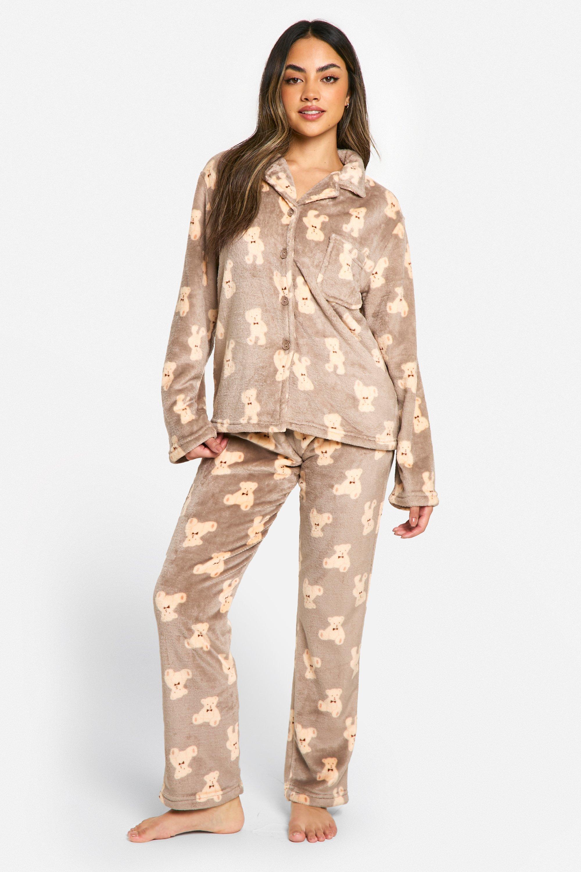 Womens Bear Fleece Button Front Pyjama Set - Brown - 16, Brown