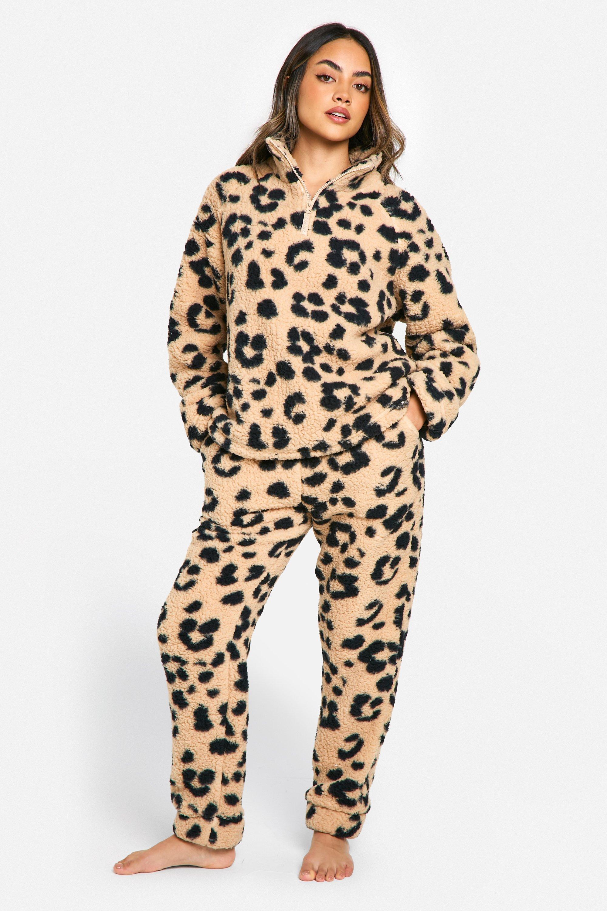 Womens Half Zip Leopard Fleece Jogger Lounge Set - Multi - 8, Multi