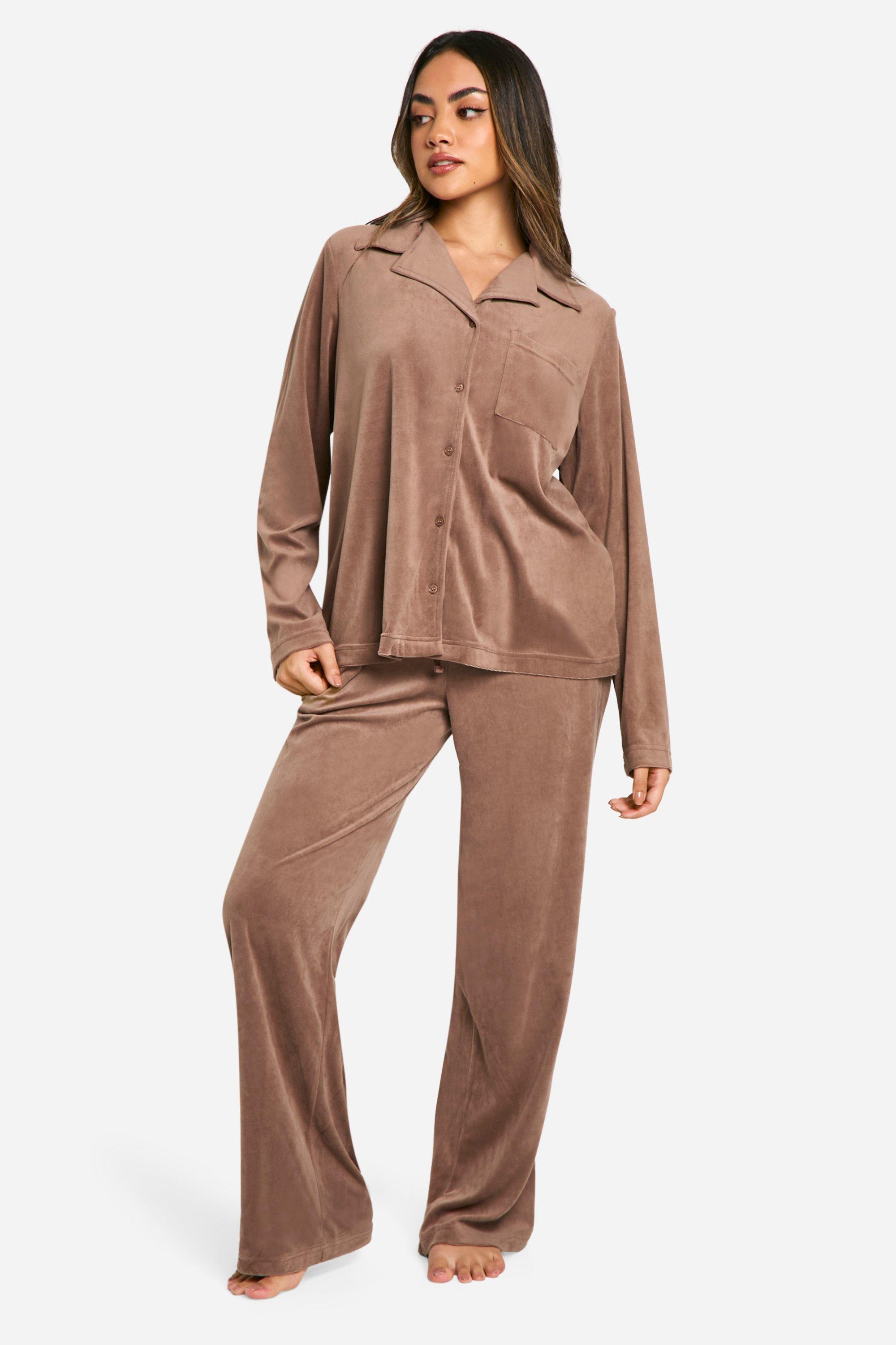 Womens Velour Fleece Button Up Trouser Pj Set - Brown - 14, Brown