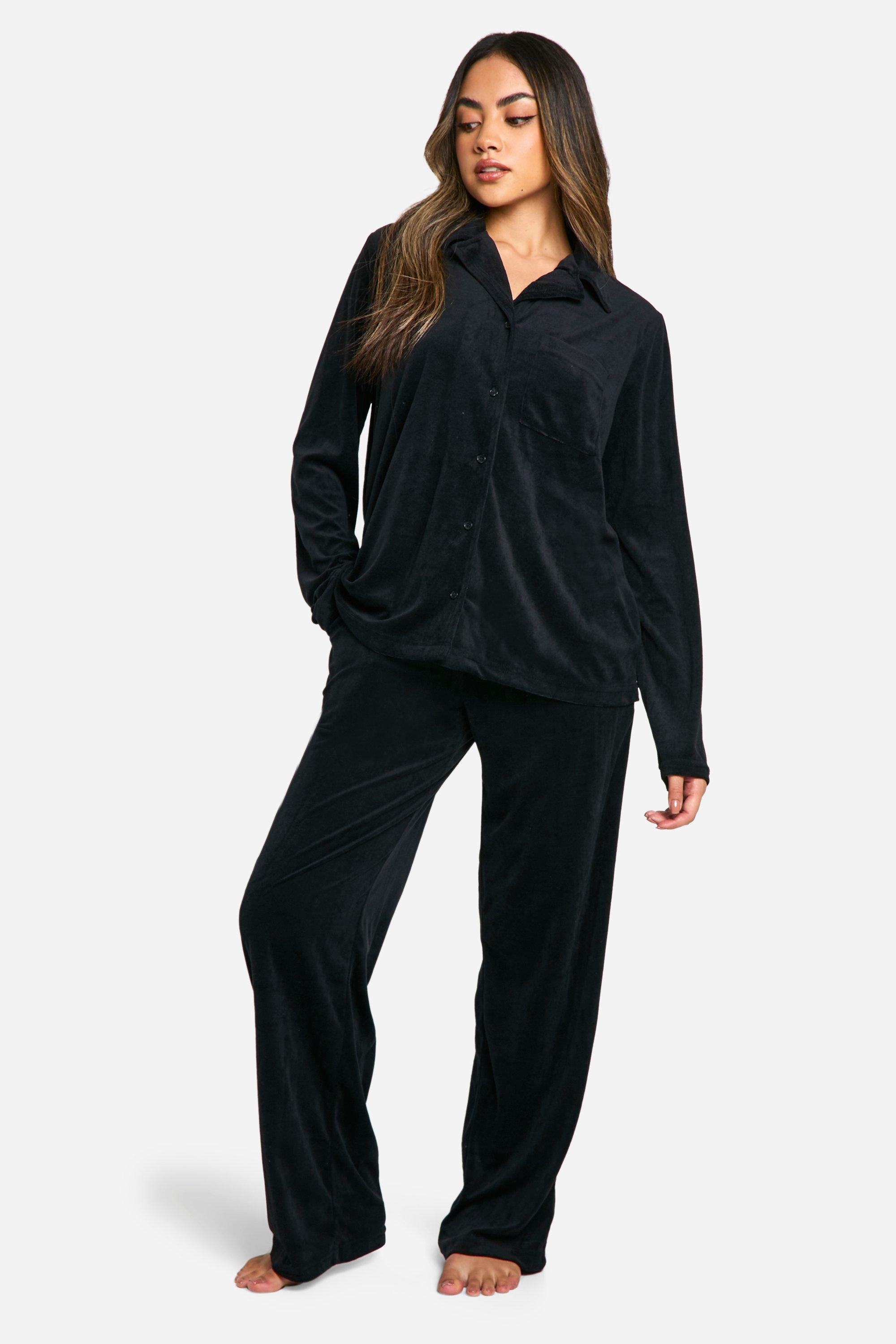 Womens Velour Fleece Button Up Trouser Pj Set - Black - 14, Black