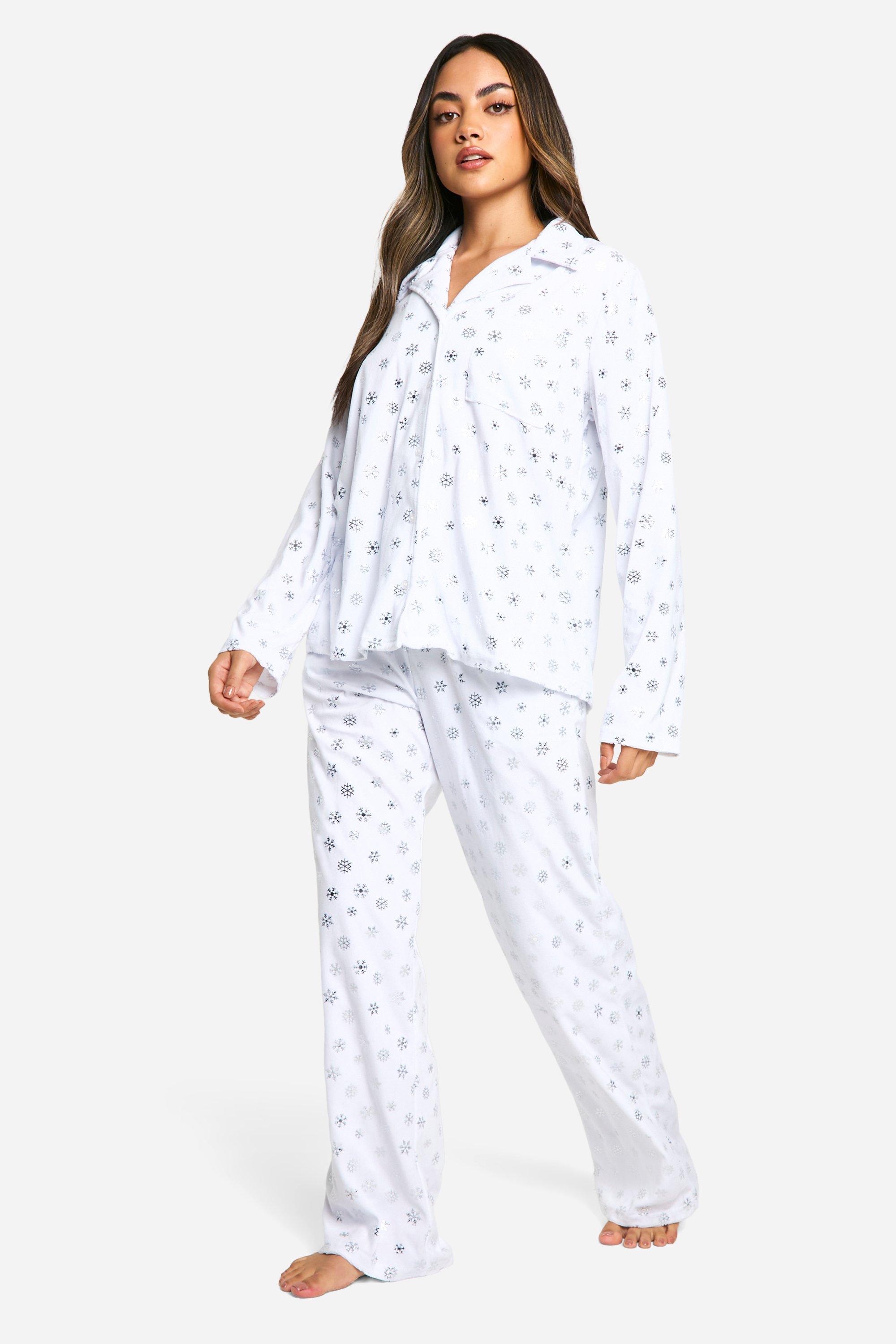 Womens Metallic Snowflake Fleece Trouser Pyjama Set - White - 12, White