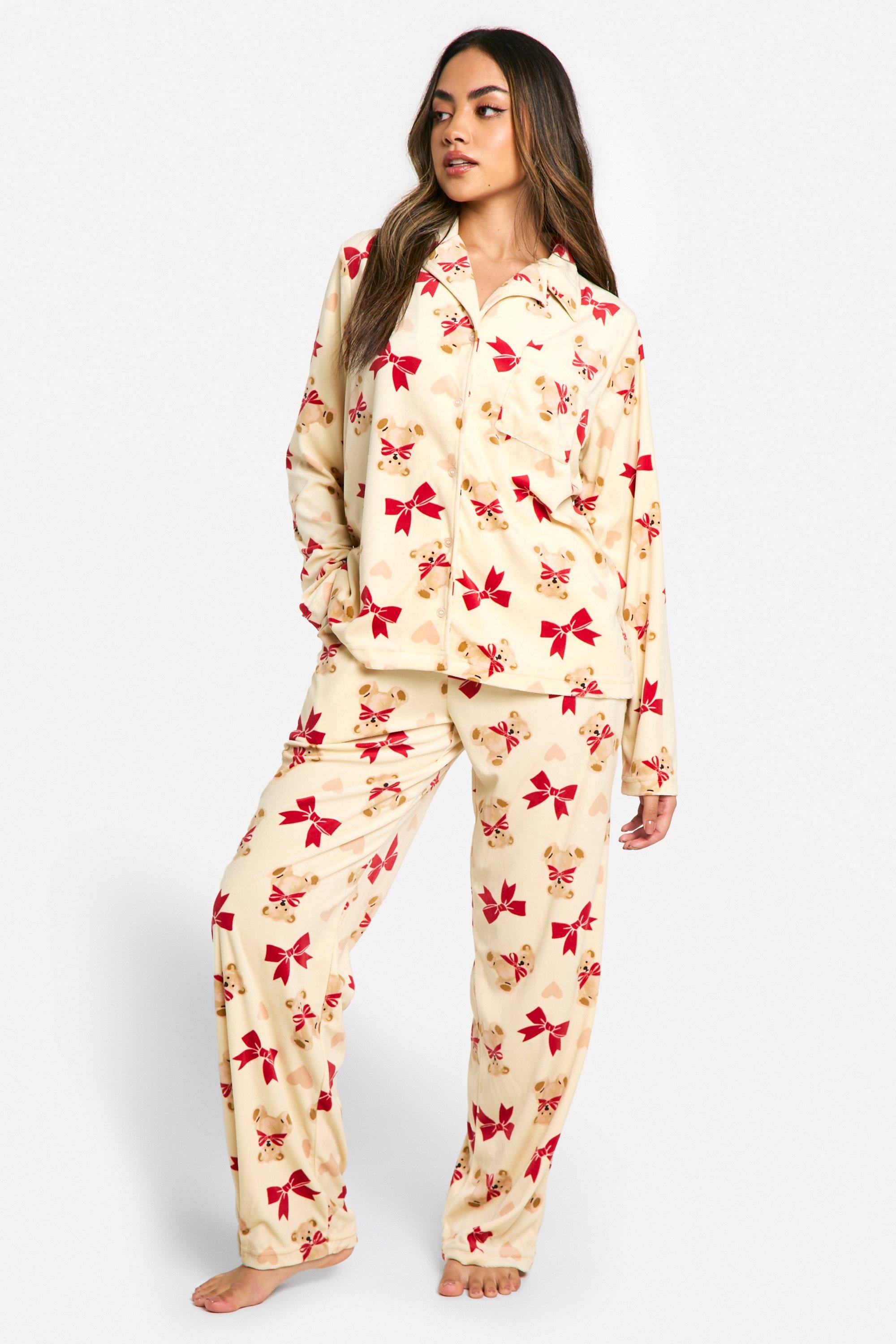 Womens Bear And Bow Print Fleece Trouser Pyjama Set - Brown - 14, Brown