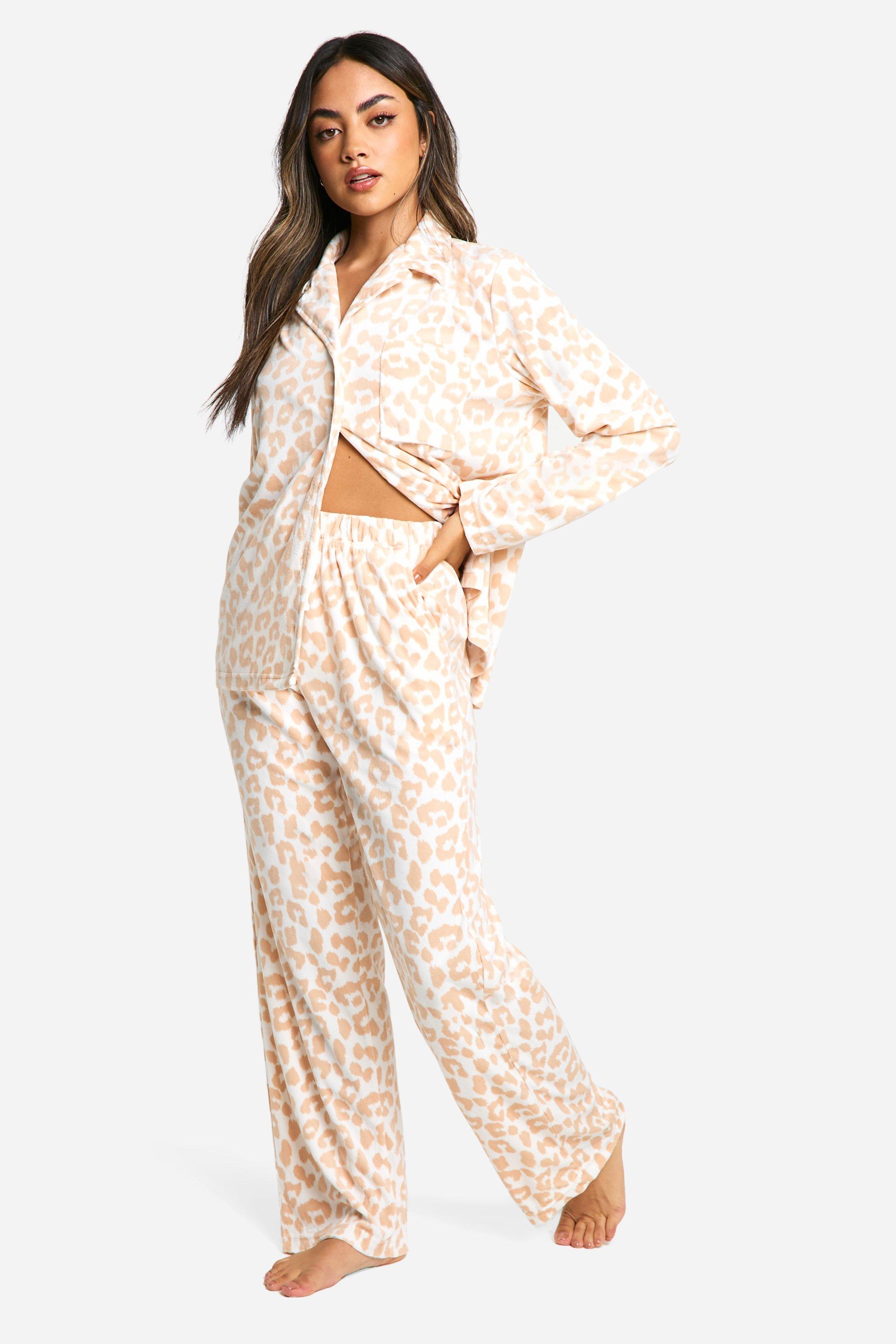 Womens Tonal Leopard Fleece Trouser Pyjama Set - White - 14, White