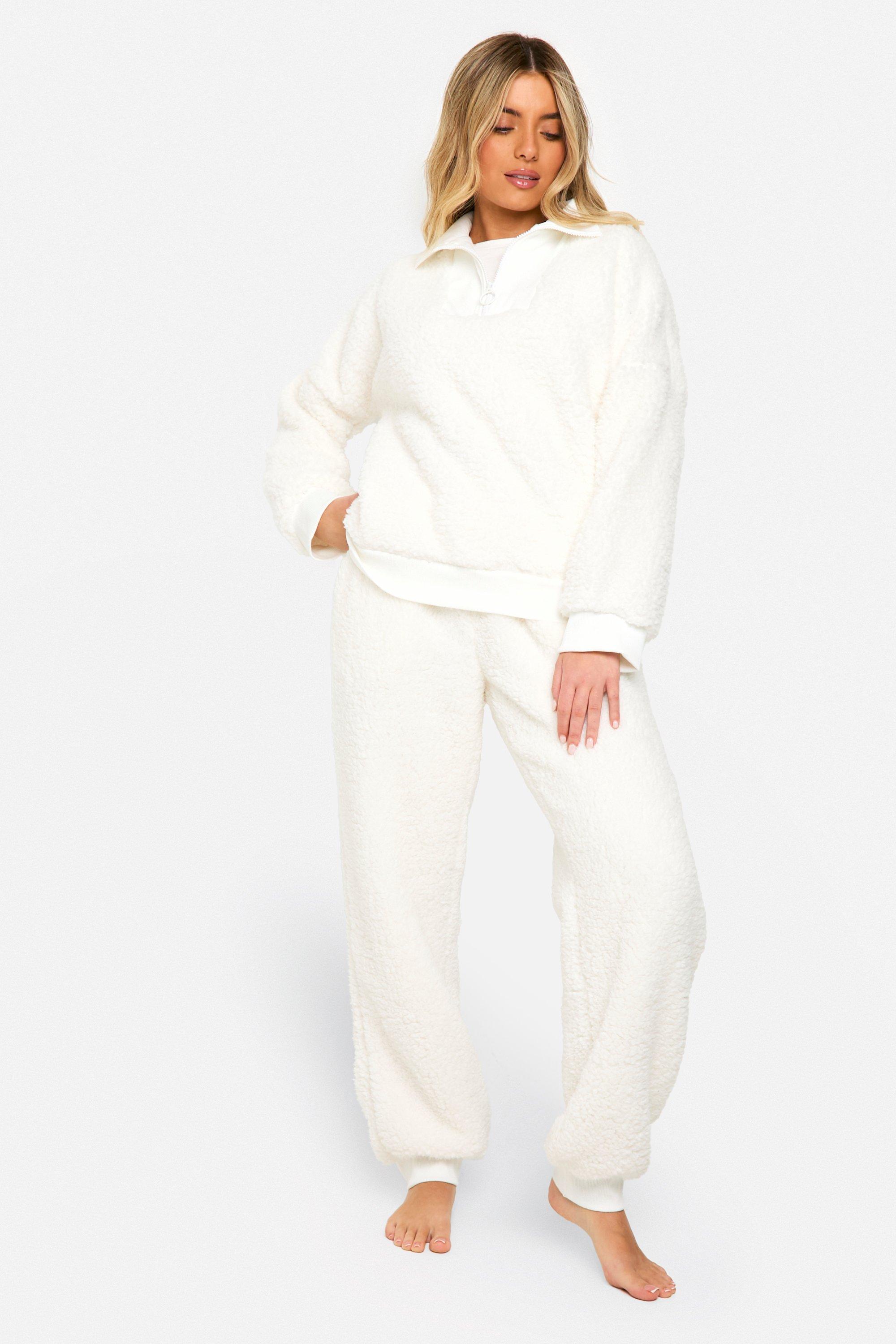 Image of Set da casa in fleece a coste con zip corta & pantaloni tuta, Bianco