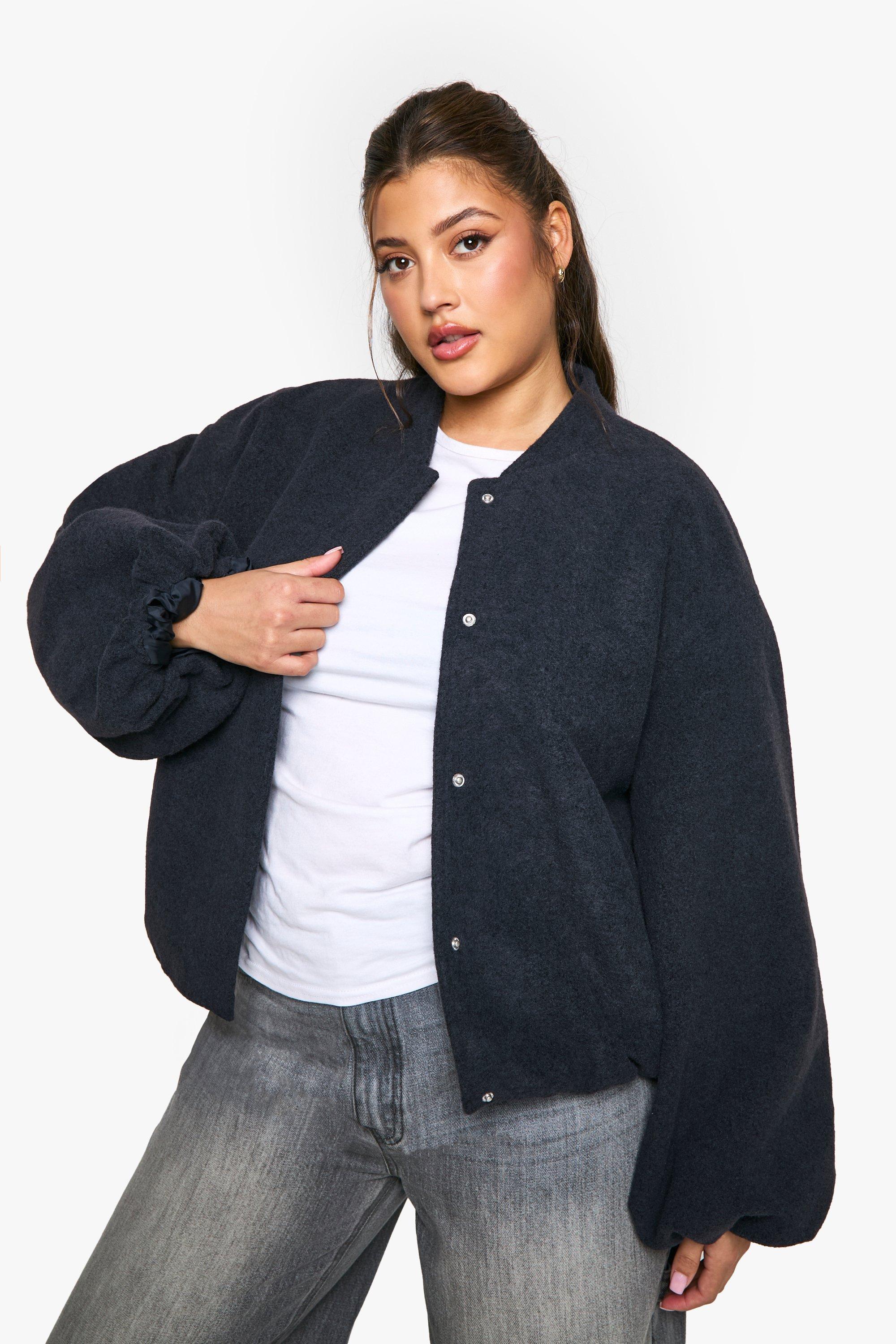 womens plus balloon sleeve wool look bomber jacket - grey - 18, grey