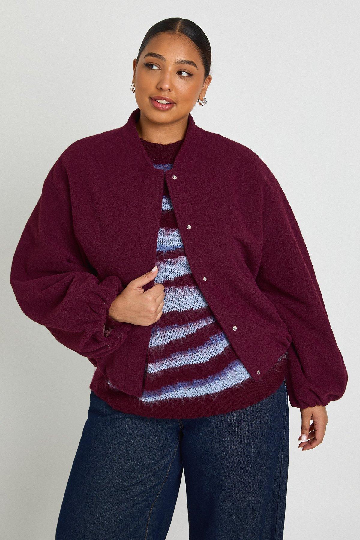 Image of Giacca Bomber Plus Size effetto lana con maniche a palloncino, Rosso