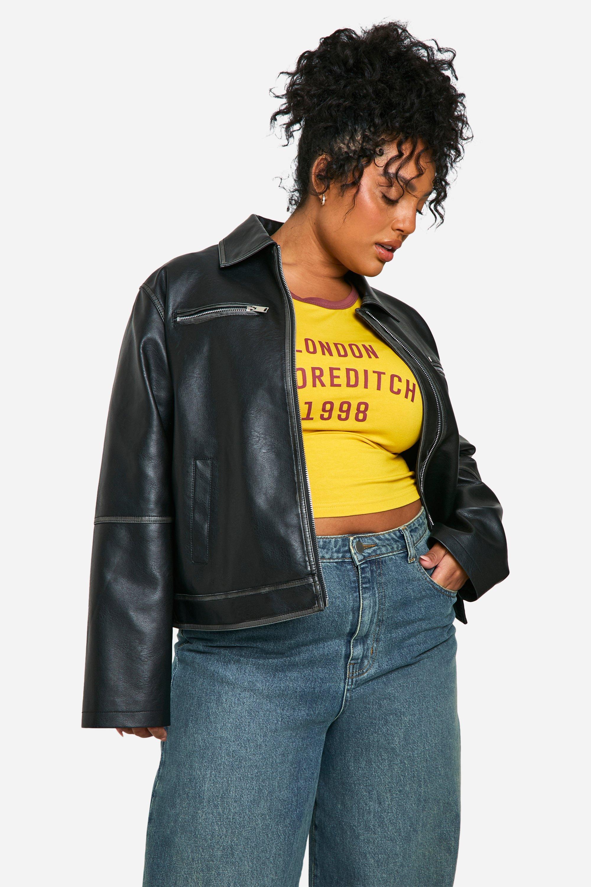 womens plus vintage look faux leather zip jacket - black - 24, black