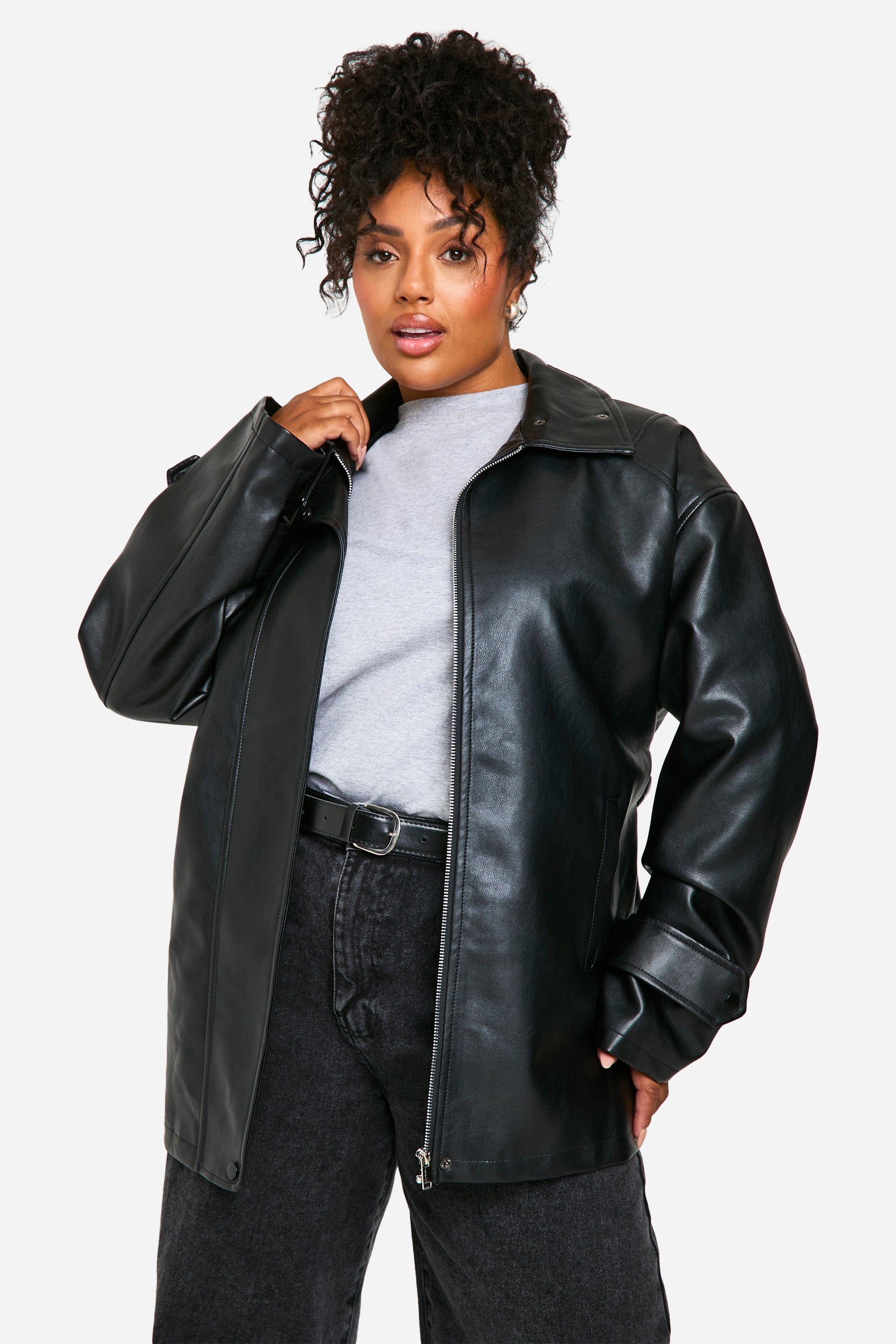 Image of Cappotto Trench Plus Size in pelle sintetica con cintura, Nero