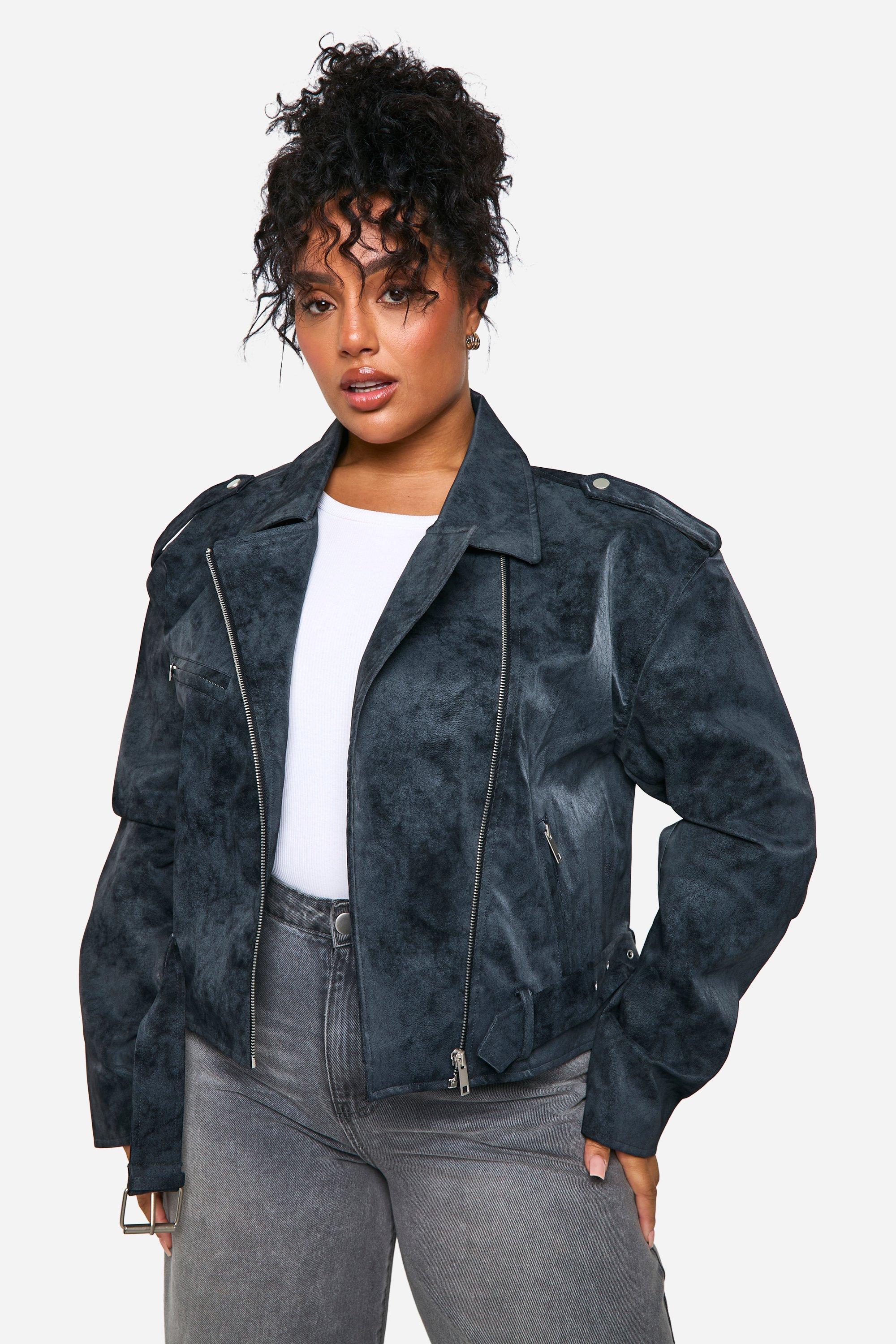 Boohoo Plus Nepleren Vintage Look Biker Jas, Grey