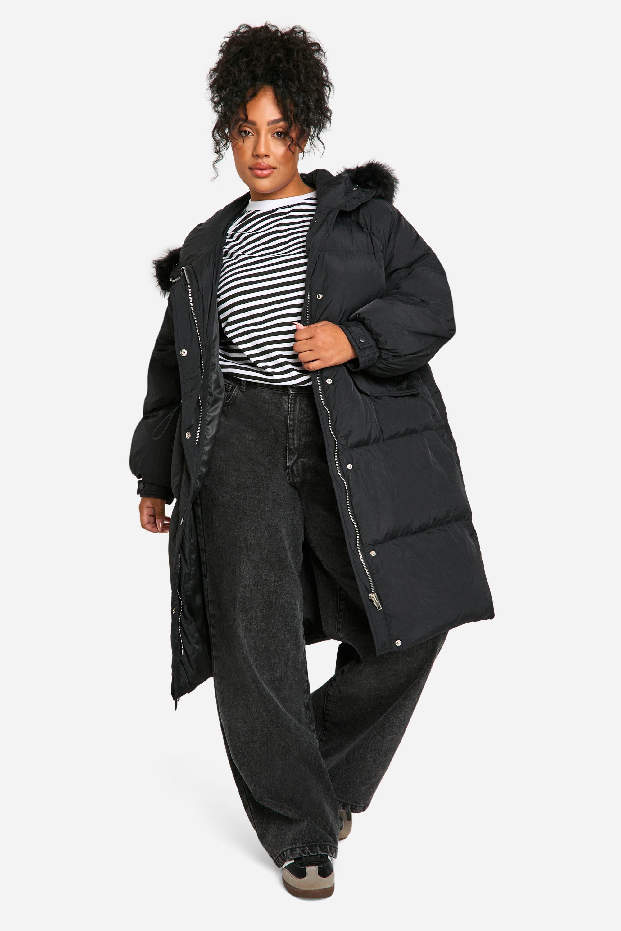 Boohoo Plus Gewatteerde Parka Jas Met Faux Fur Capuchon, Black