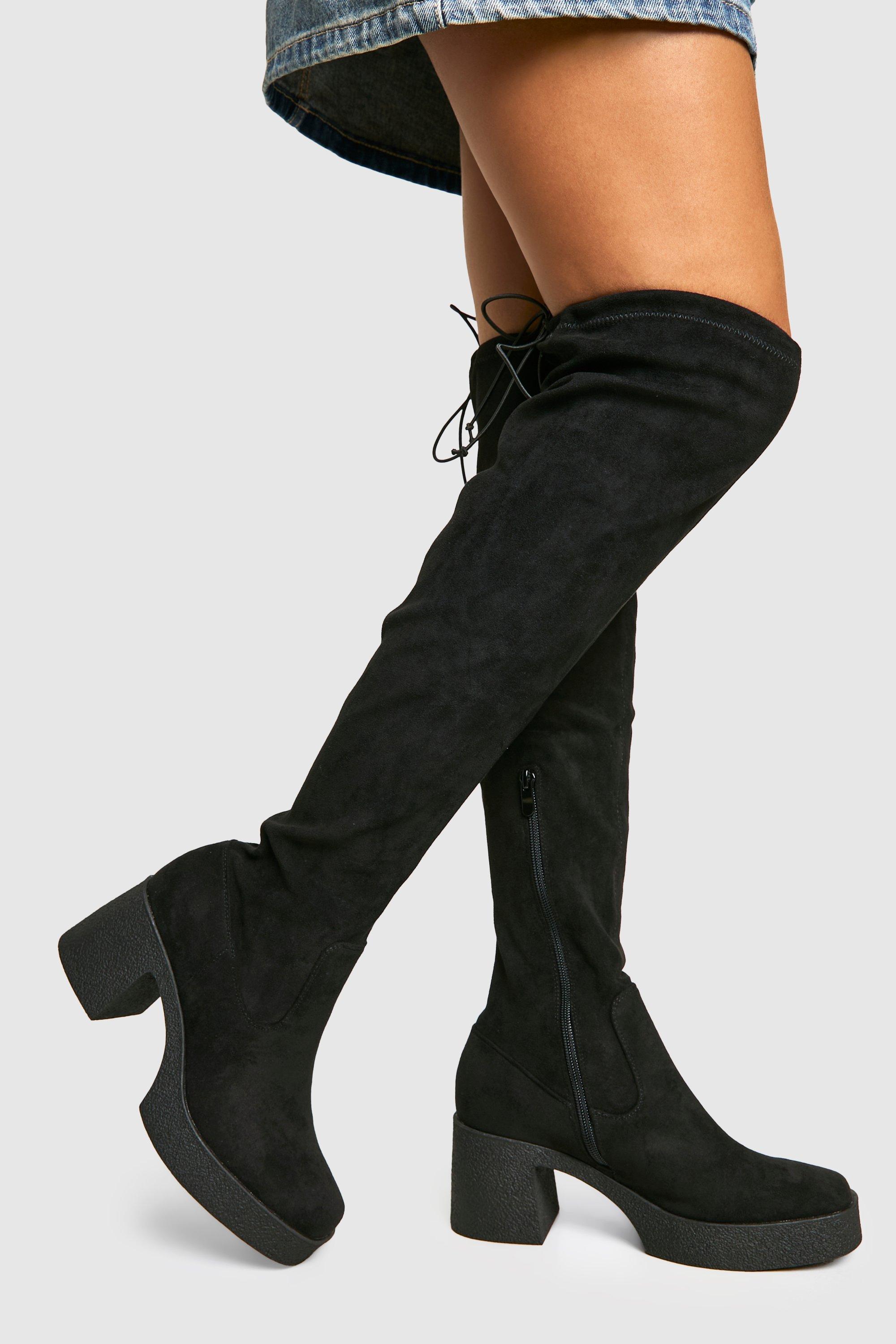 Womens Tie Detail Over The Knee Boots - Black - 6, Black