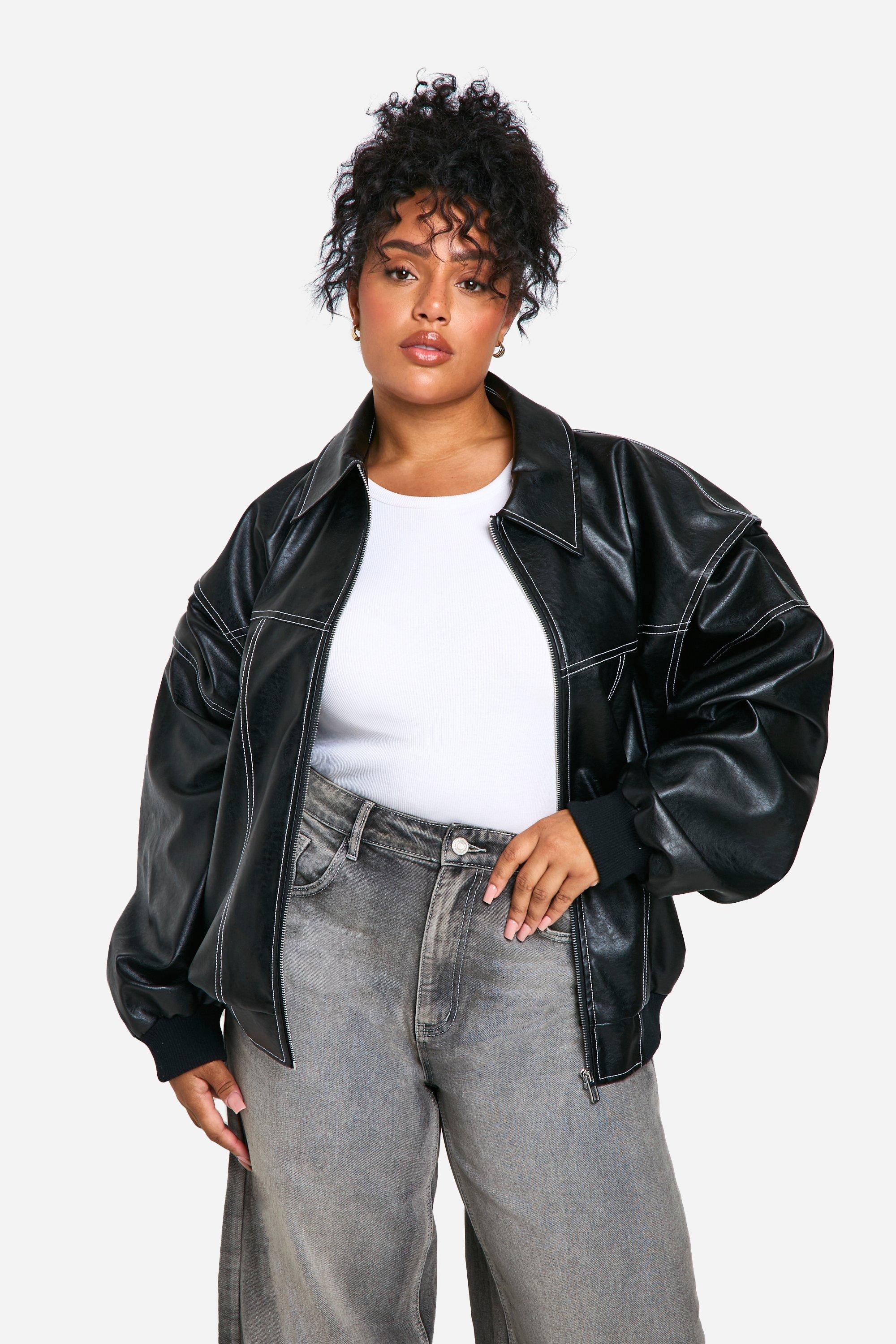 Image of Giacca Bomber Plus Size oversize in PU con cuciture a contrasto, Nero