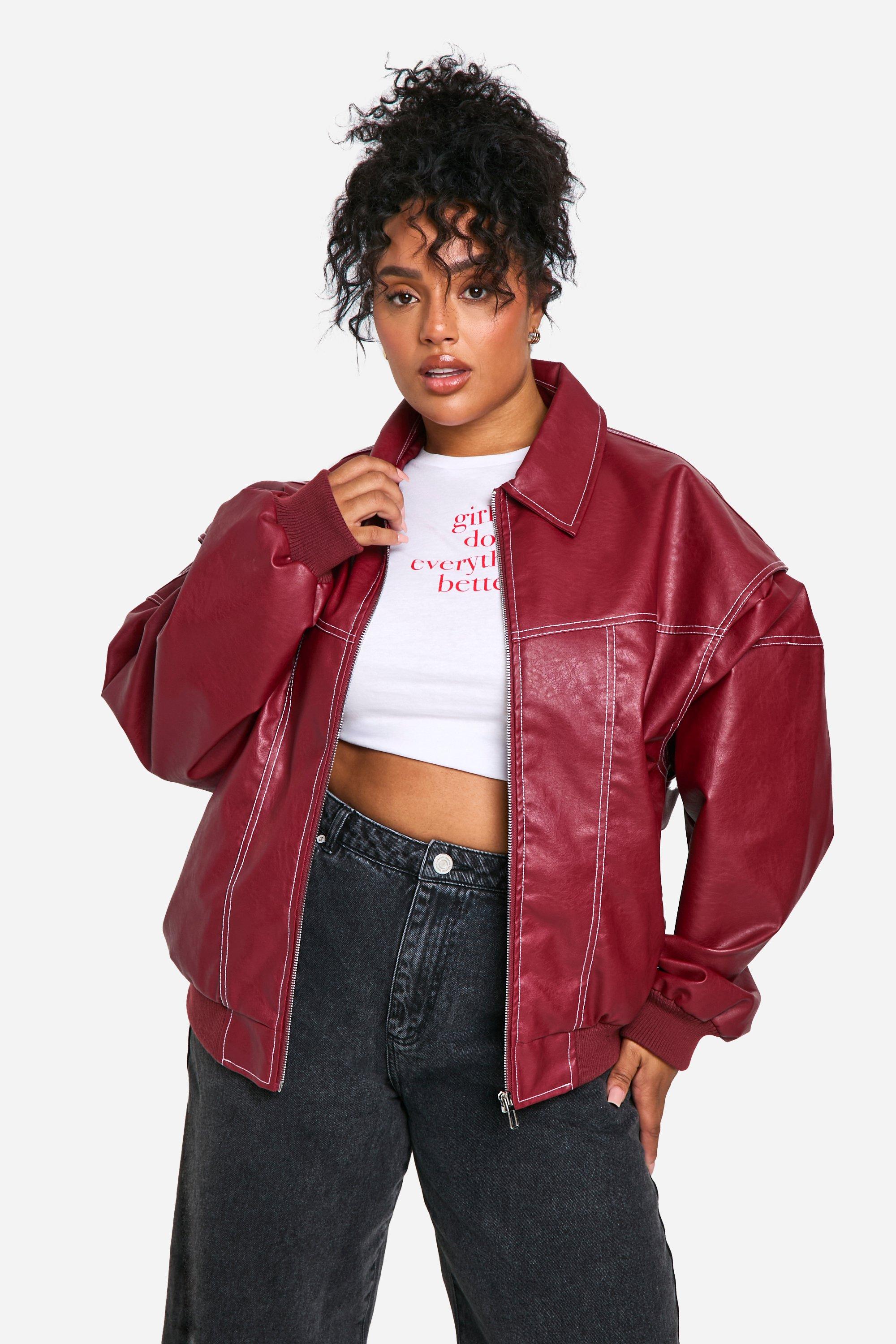 Image of Giacca Bomber Plus Size oversize in PU con cuciture a contrasto, Rosso