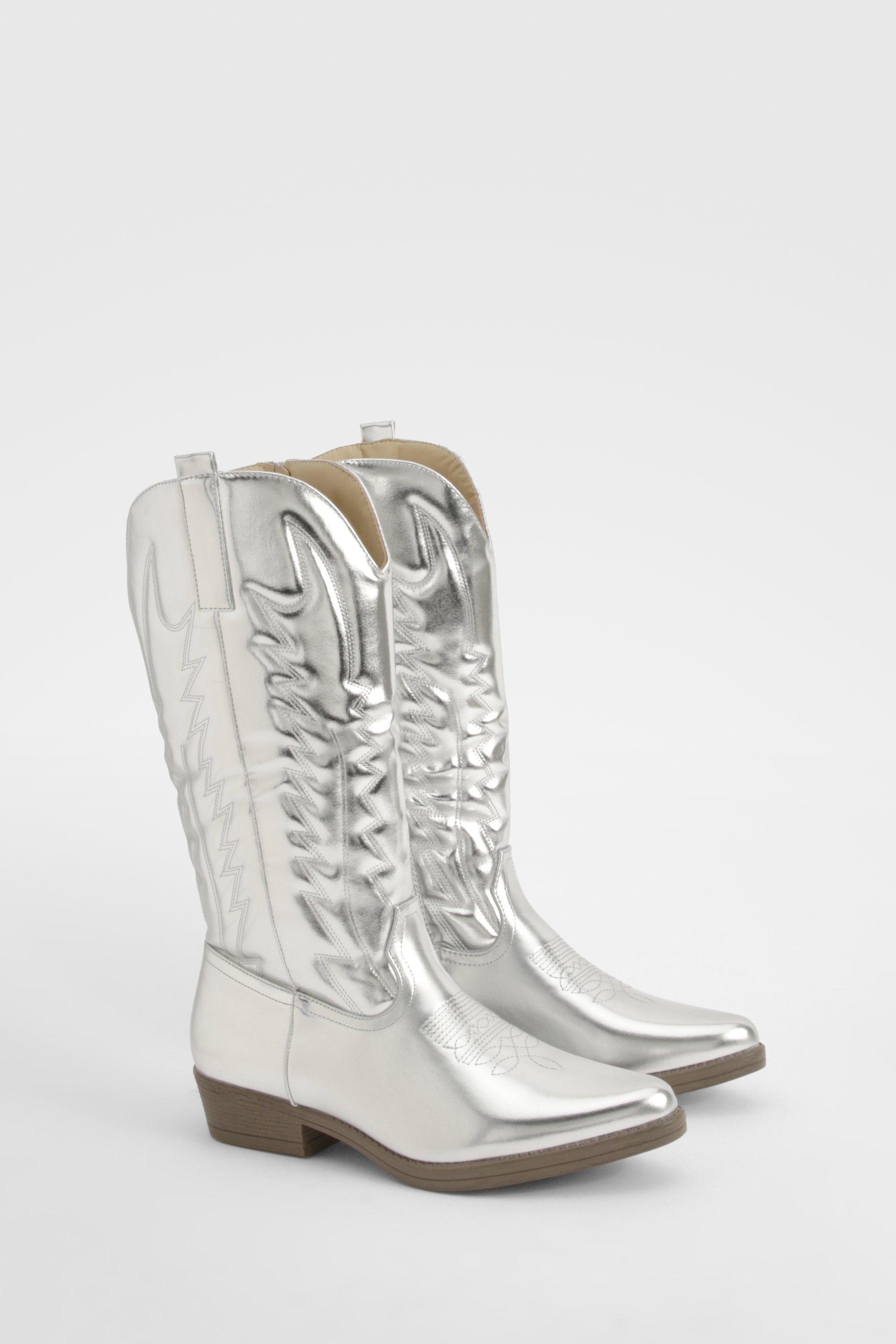 Boohoo Metallic Embroidered Detail Western Cowboy Boots, Silver