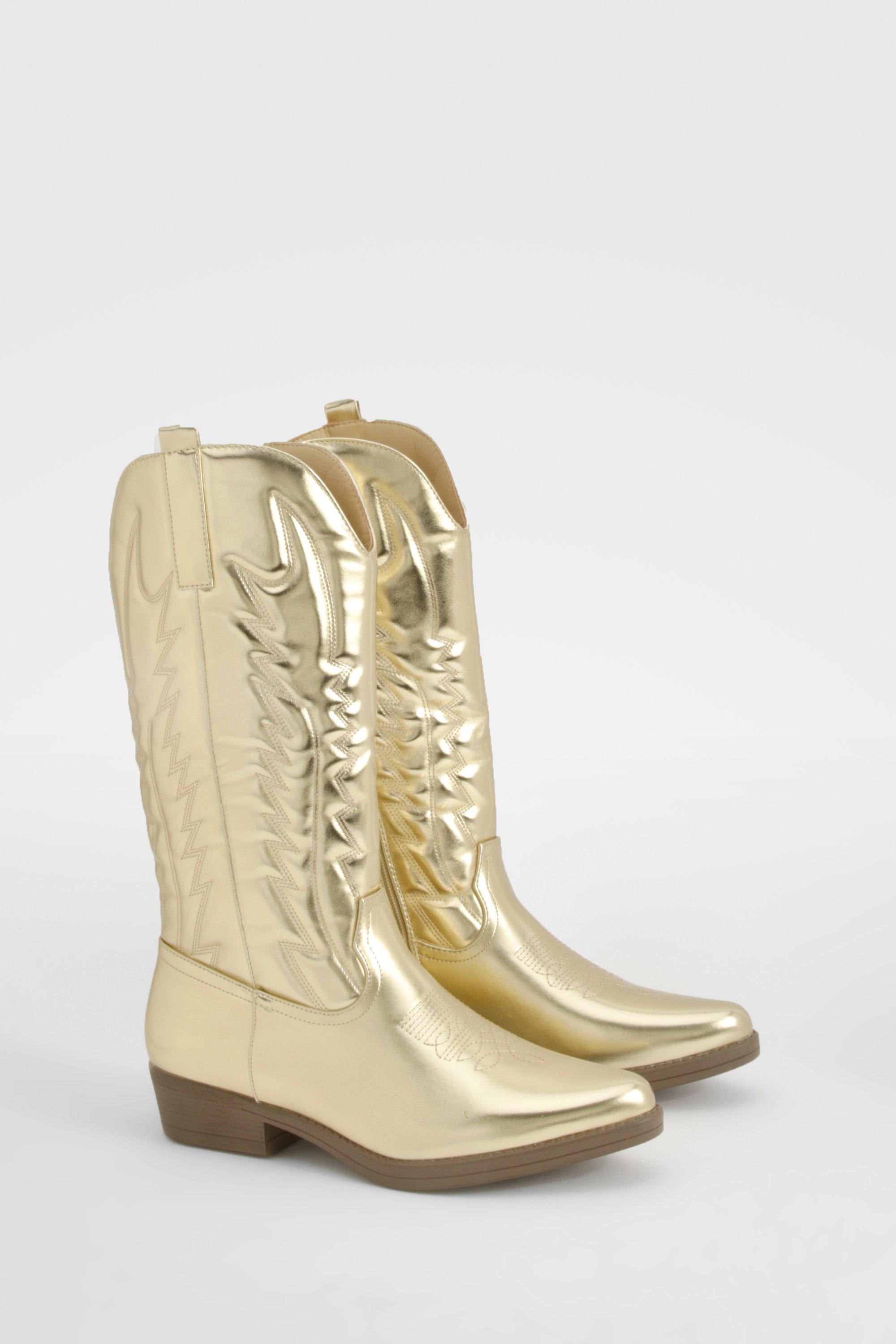 Boohoo Metallic Embroidered Detail Western Cowboy Boots, Gold