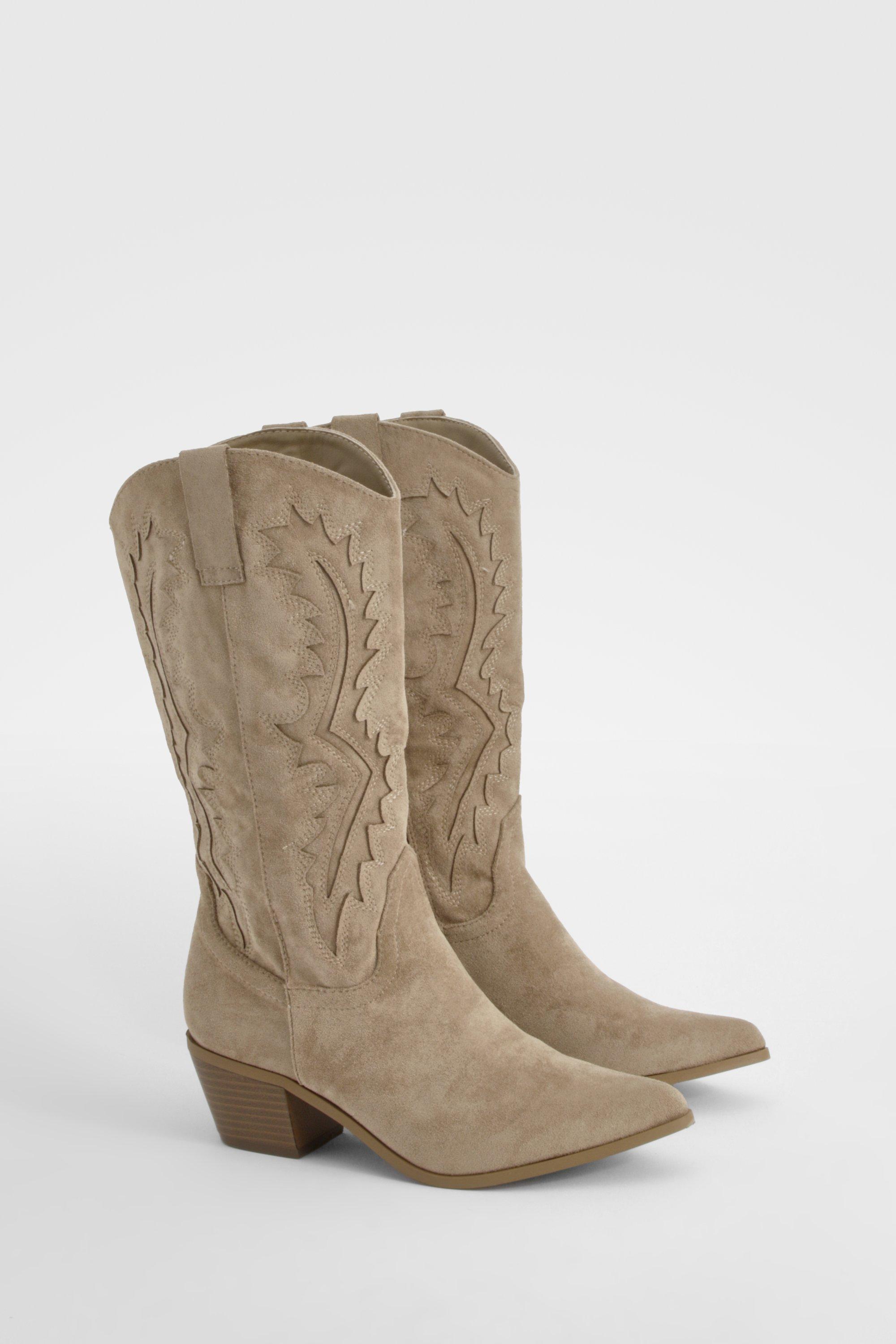 Boohoo Embroidered Western Cowboy Boots, Taupe