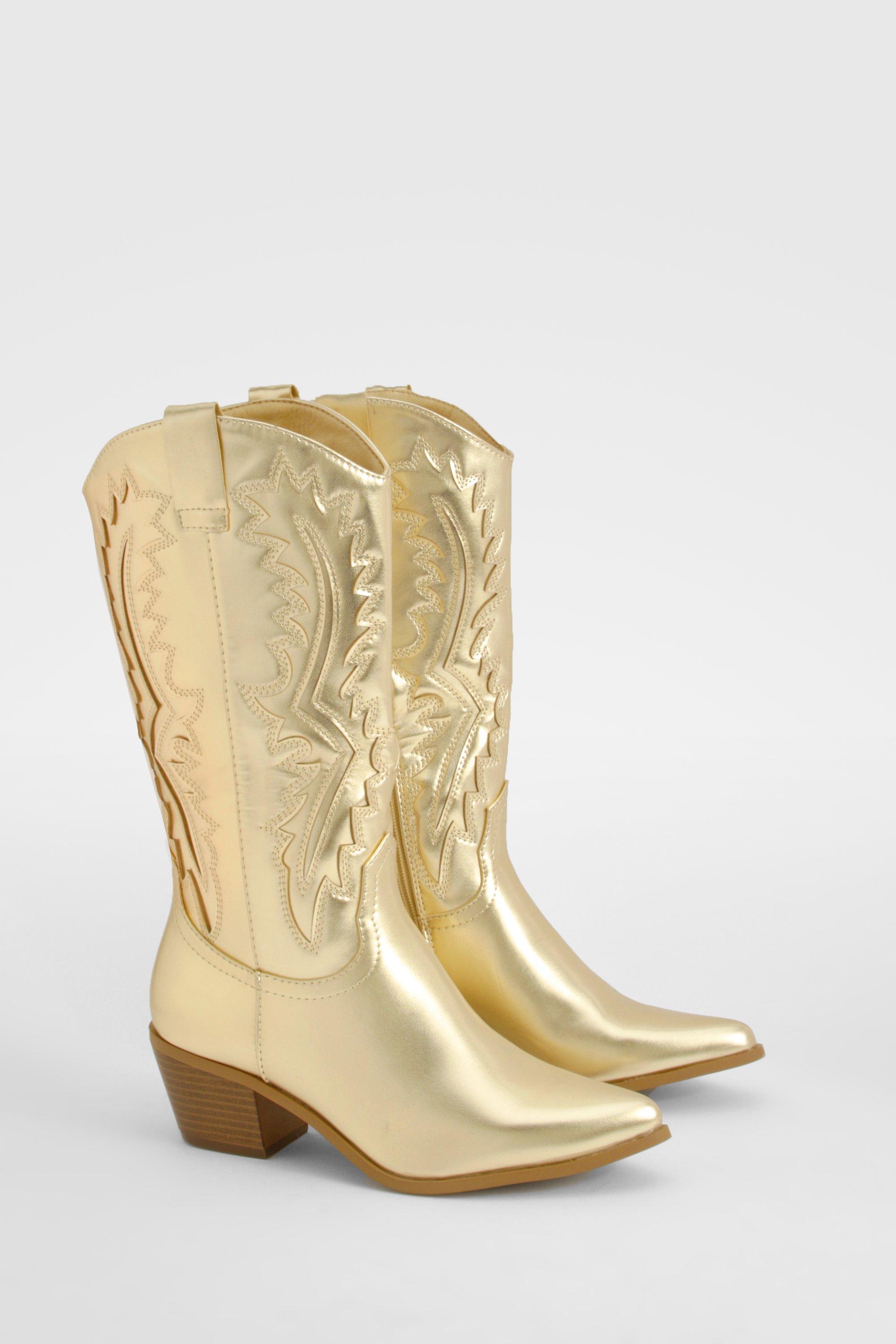 Boohoo Metallic Embroidered Western Cowboy Boots, Gold
