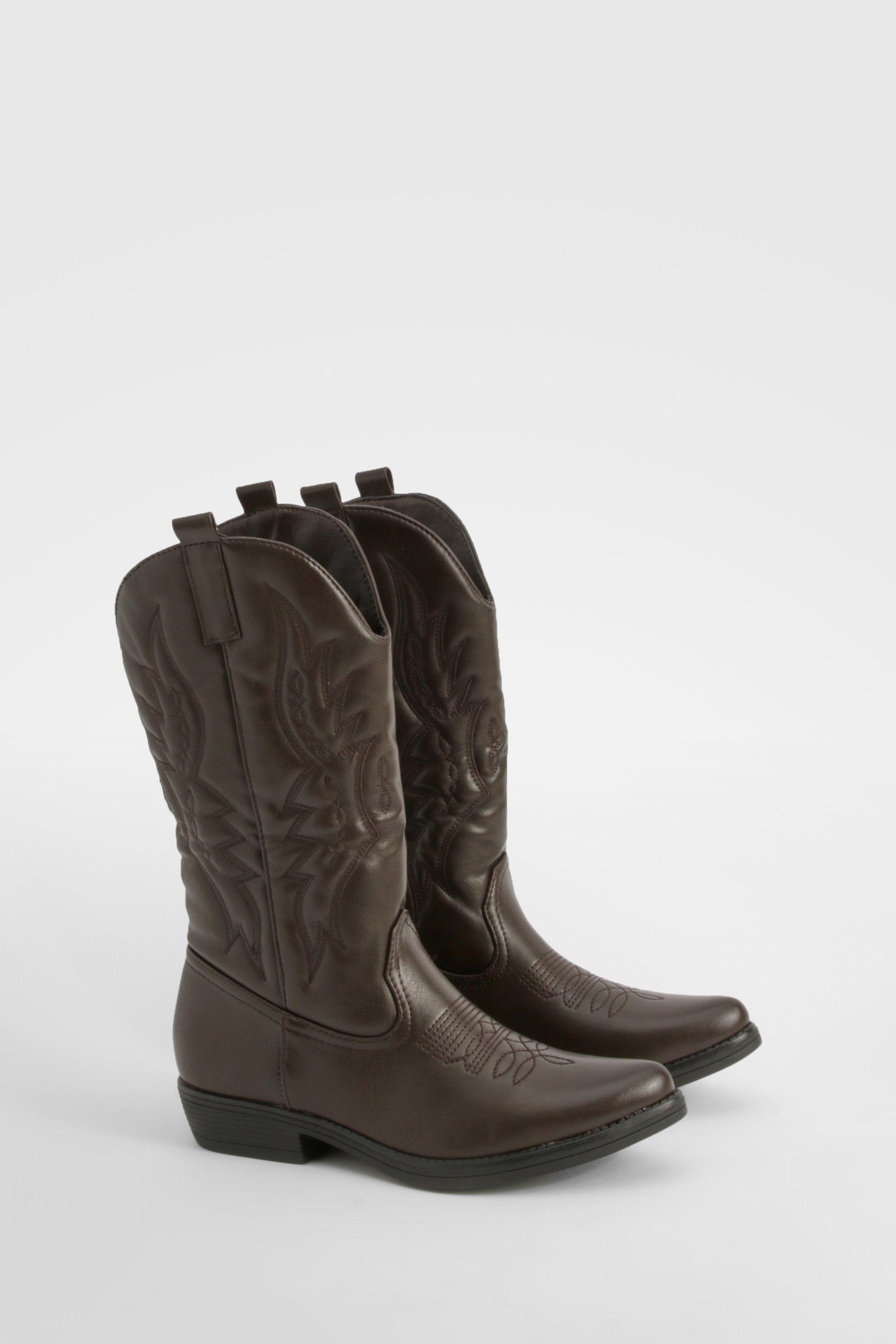 Boohoo Embroidered Western Cowboy Boots, Brown