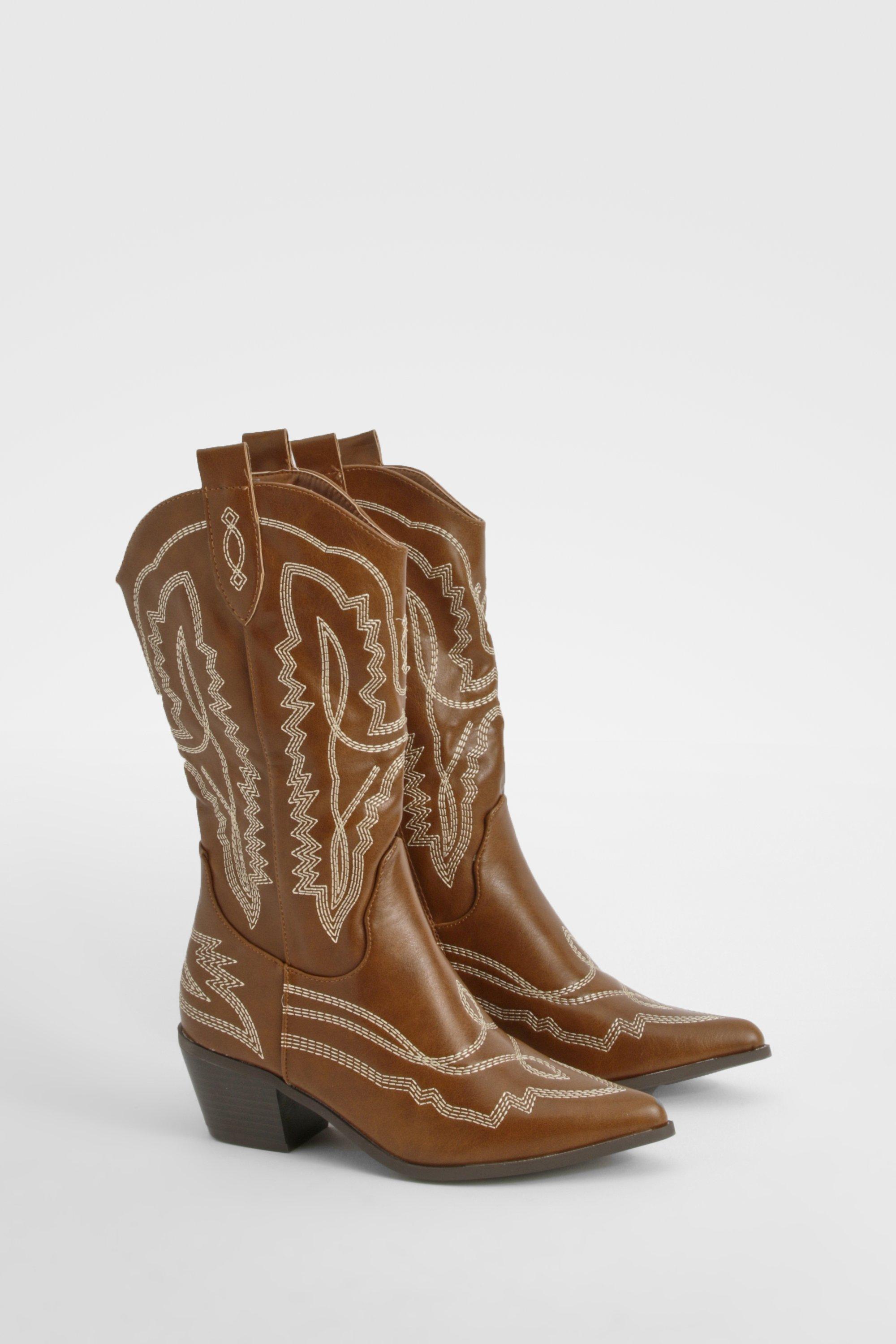 Boohoo Contrast Stitching Western Cowboy Boots, Camel