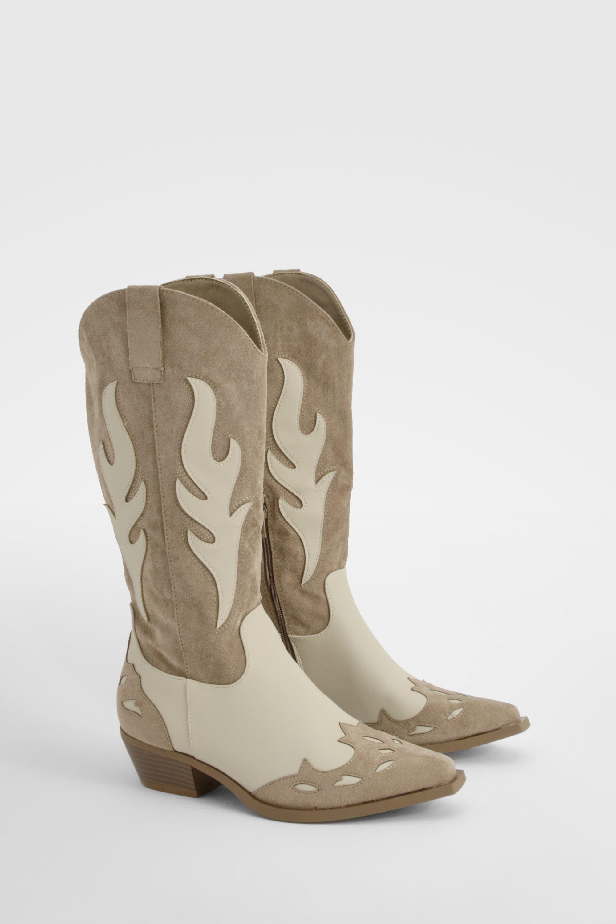 Boohoo Contrast Panel Western Cowboy Boots, Taupe