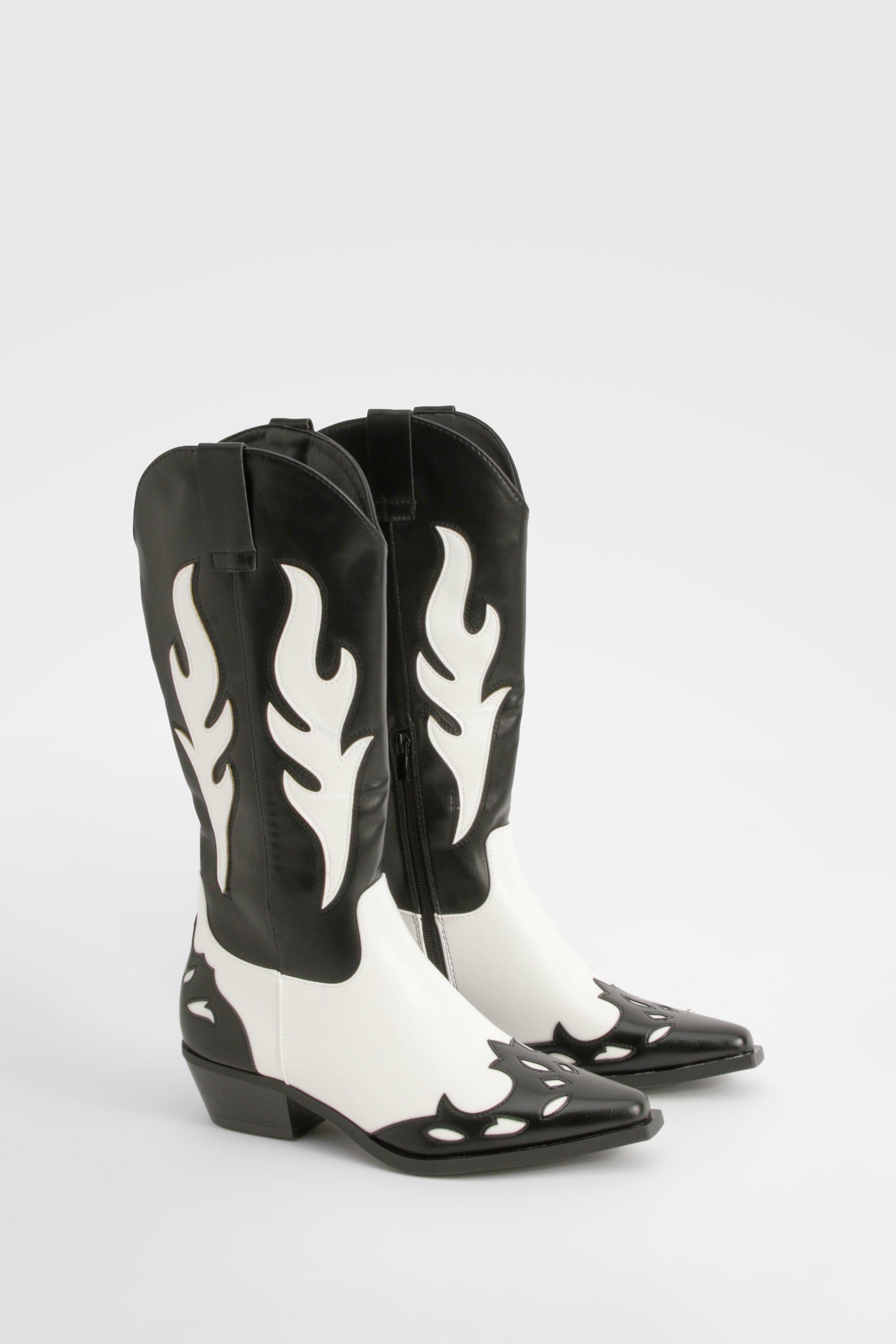 Boohoo Contrast Panel Western Cowboy Boots, Black