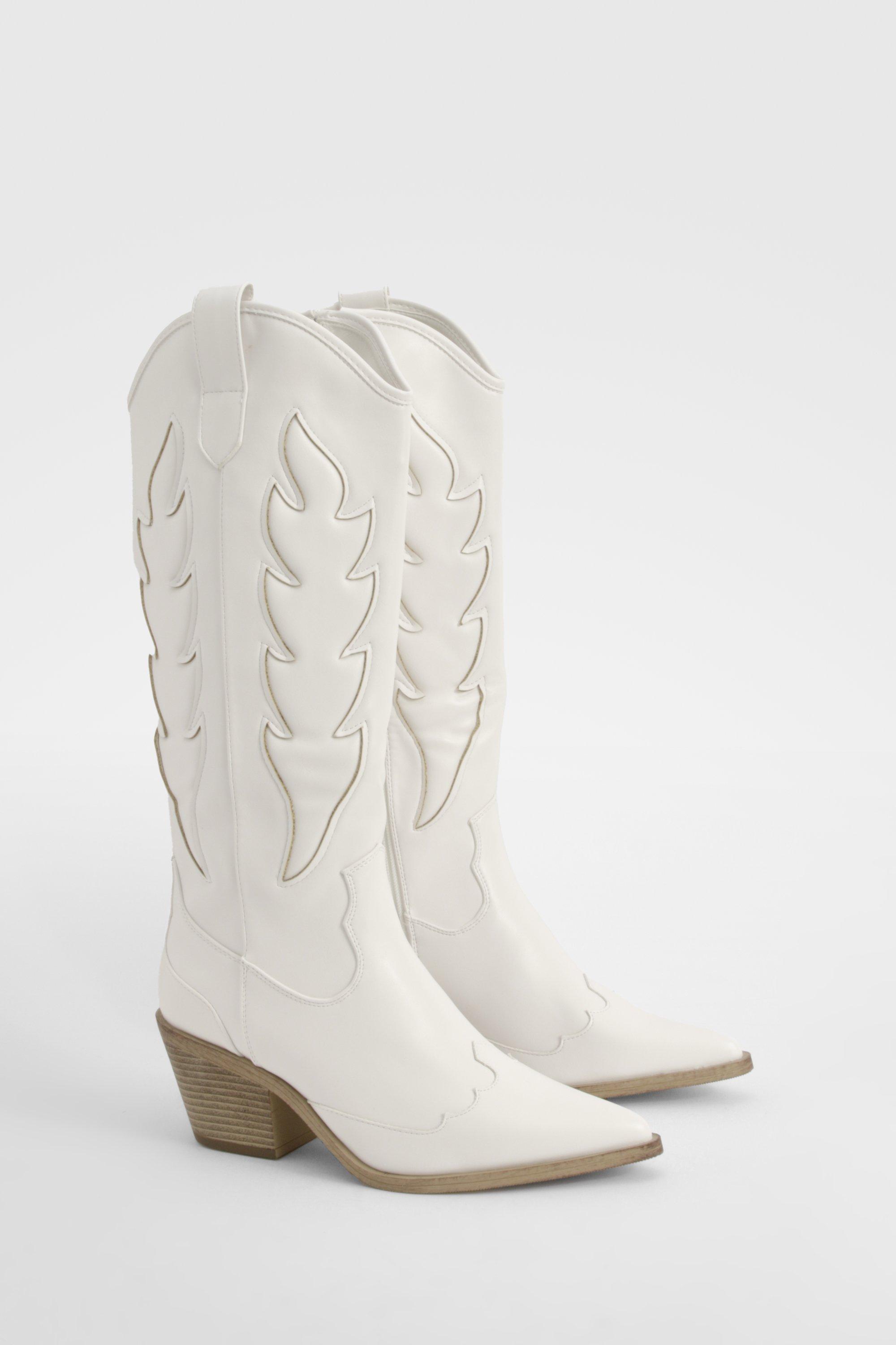 Boohoo Embroidered Detail Western Cowboy Boots, White