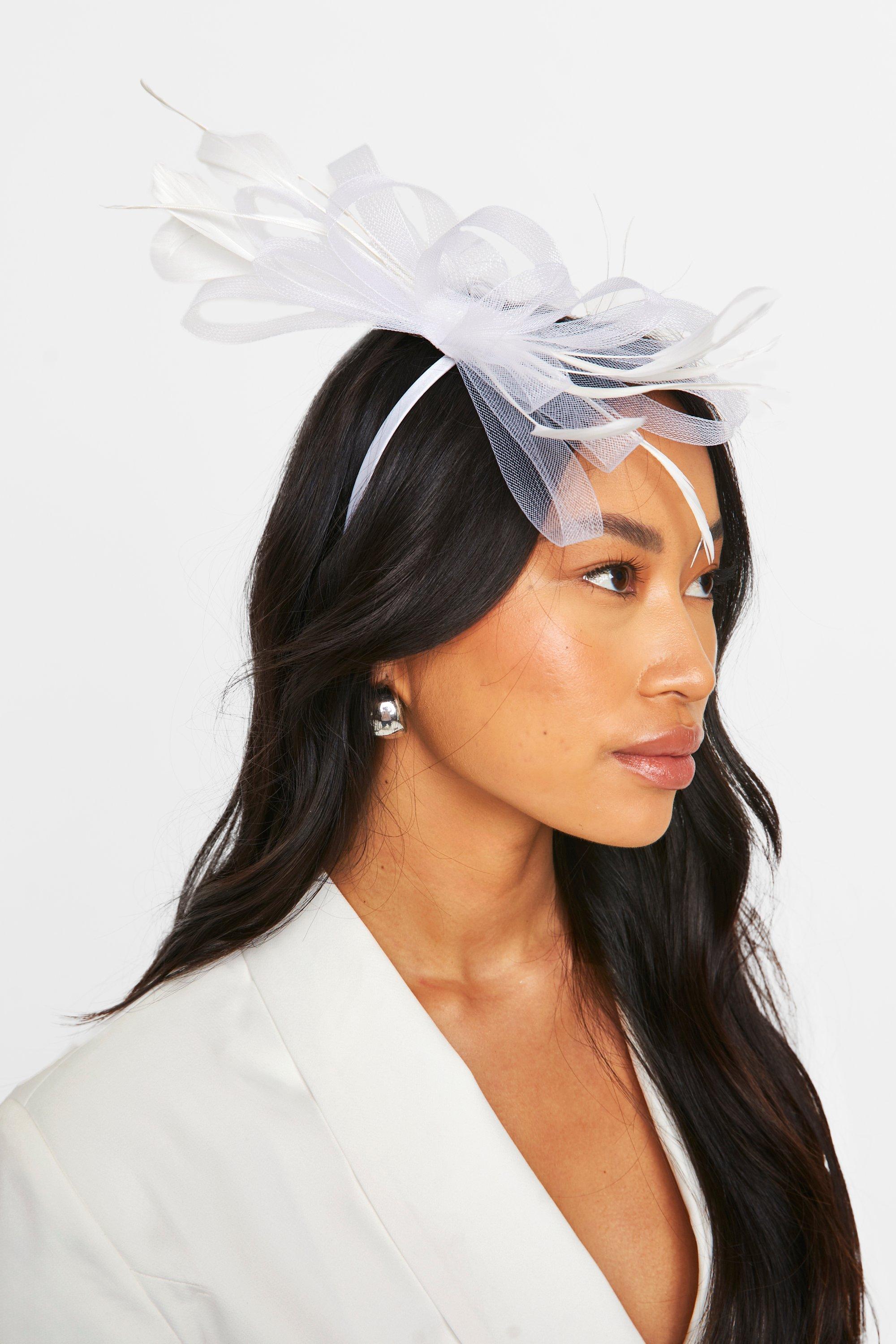 Womens Mesh Bow Feather Fascinator Headband White One Size White