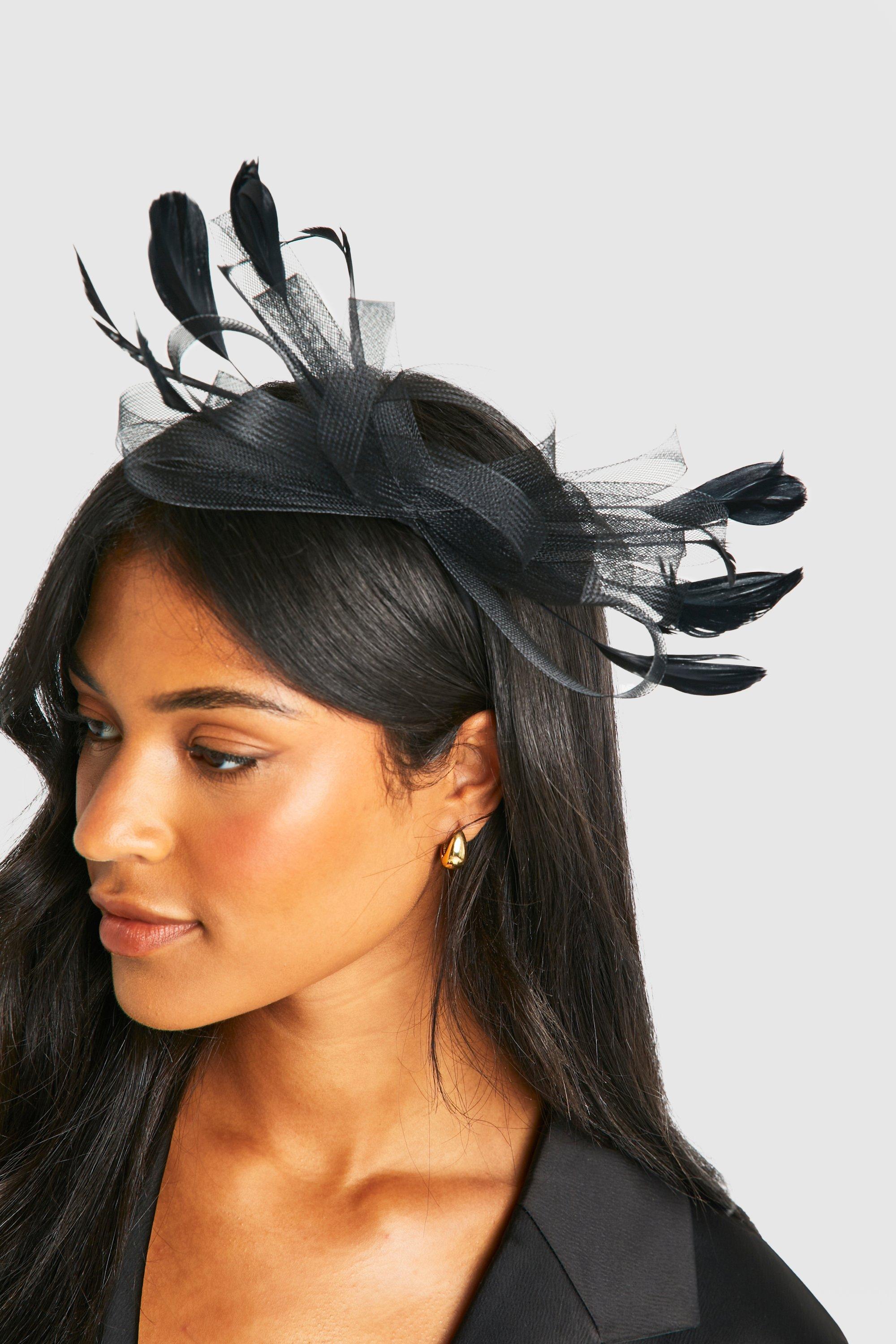 Womens Mesh Bow Feather Fascinator Headband Black One Size Black