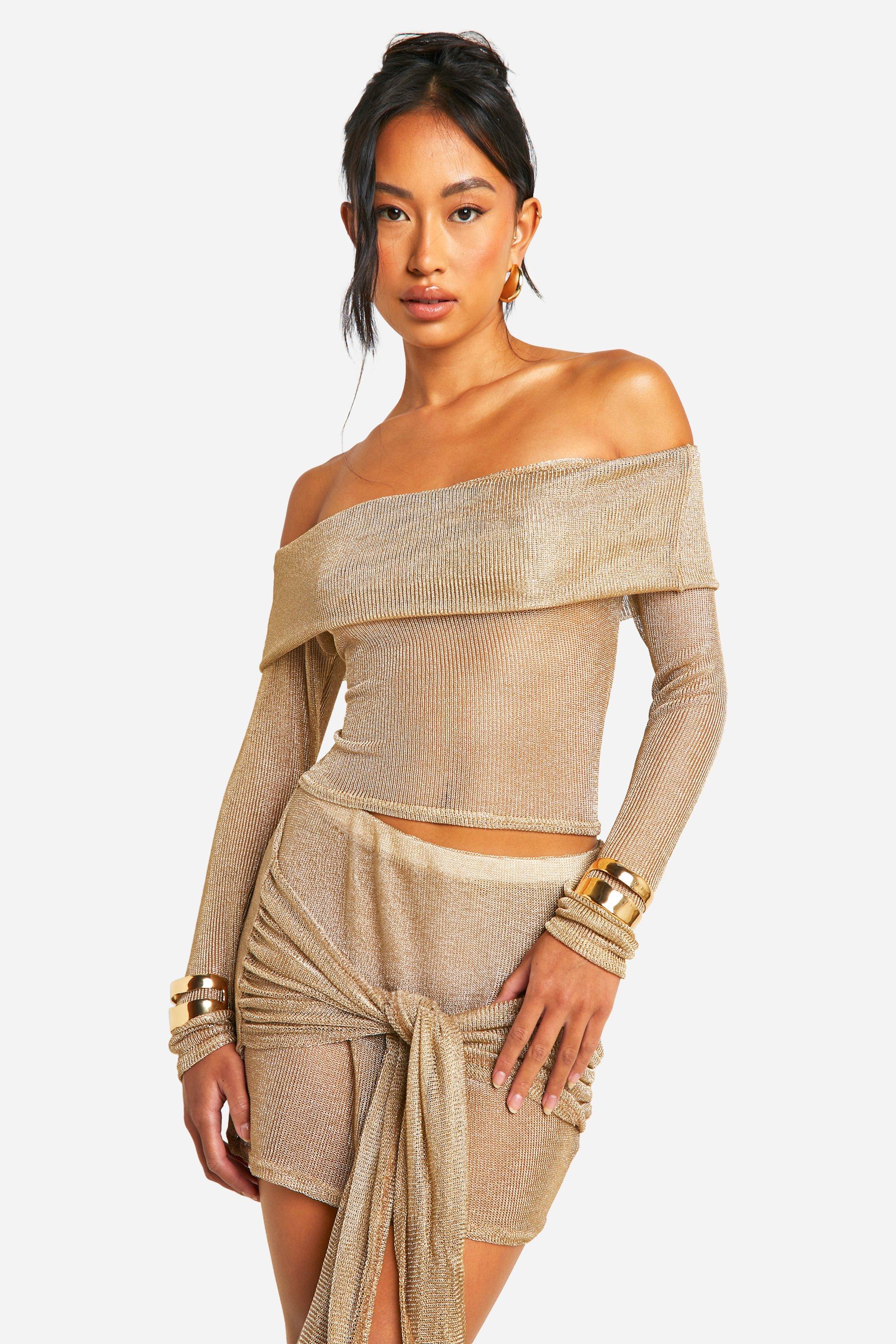 Boohoo Knitted Wrap Front Mini Skirt, Gold