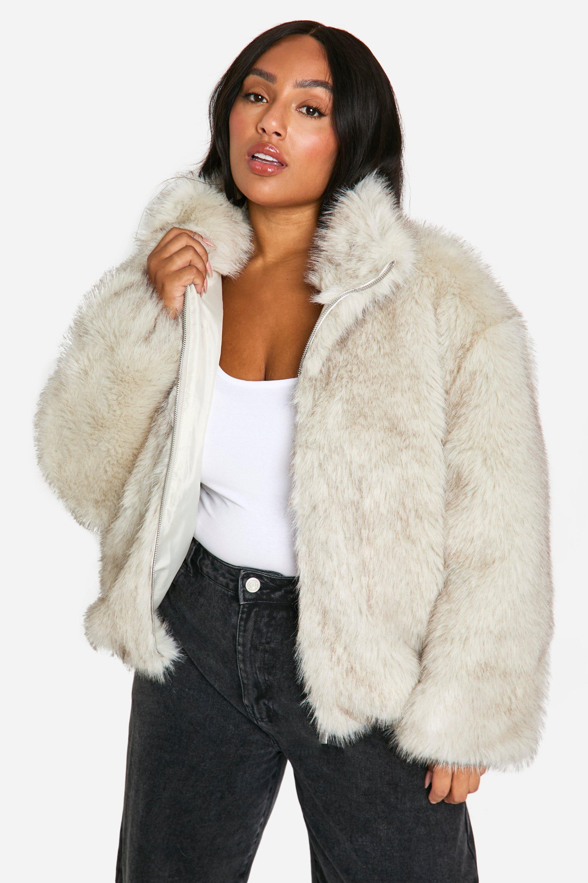 Boohoo Plus Faux Fur Jas Met Hoge Kraag En Vintage Look, Off White