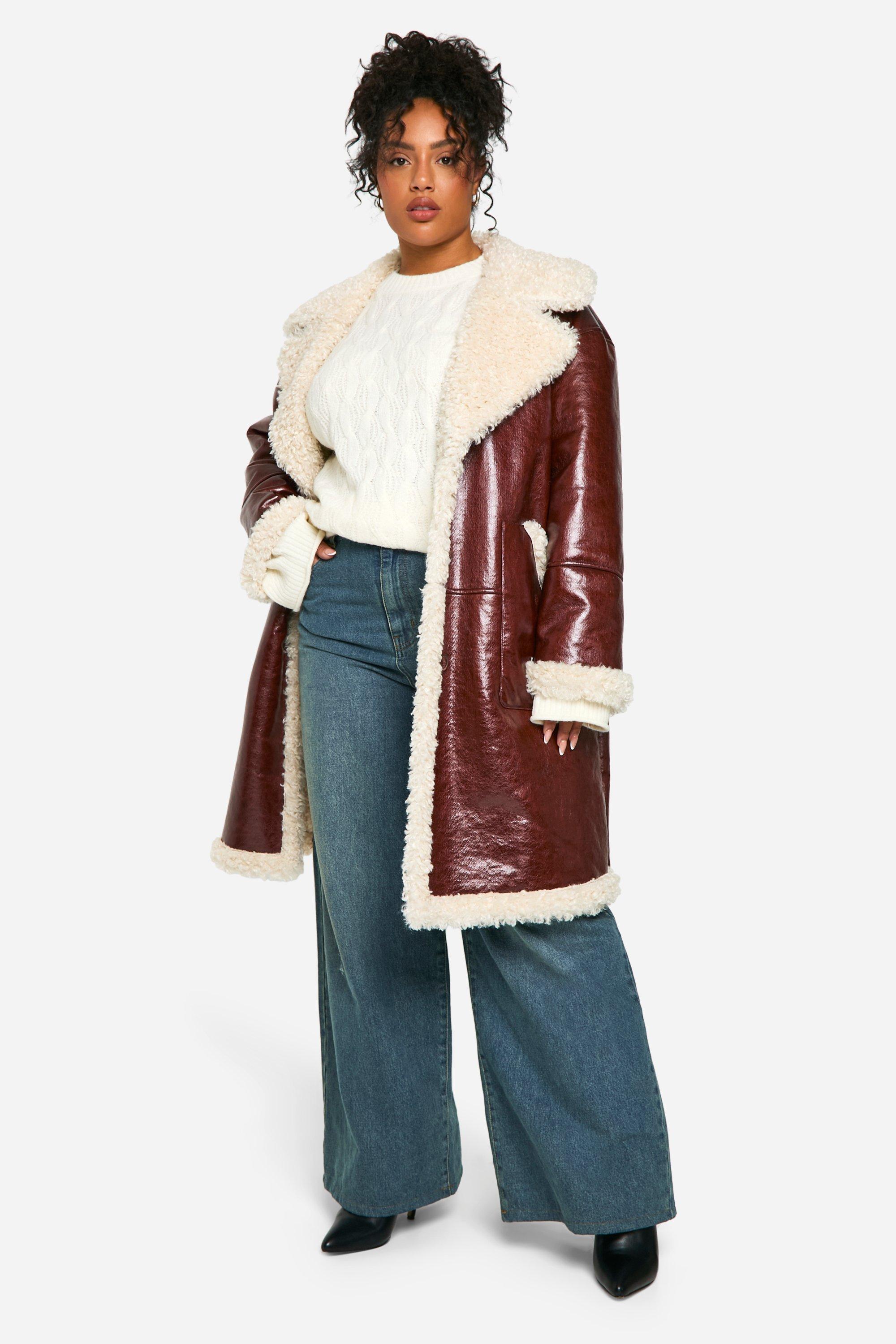 Image of Giacca da aviatore lunga Plus Size in pelle sintetica rifinita in pelliccia sintetica morbida, Rosso