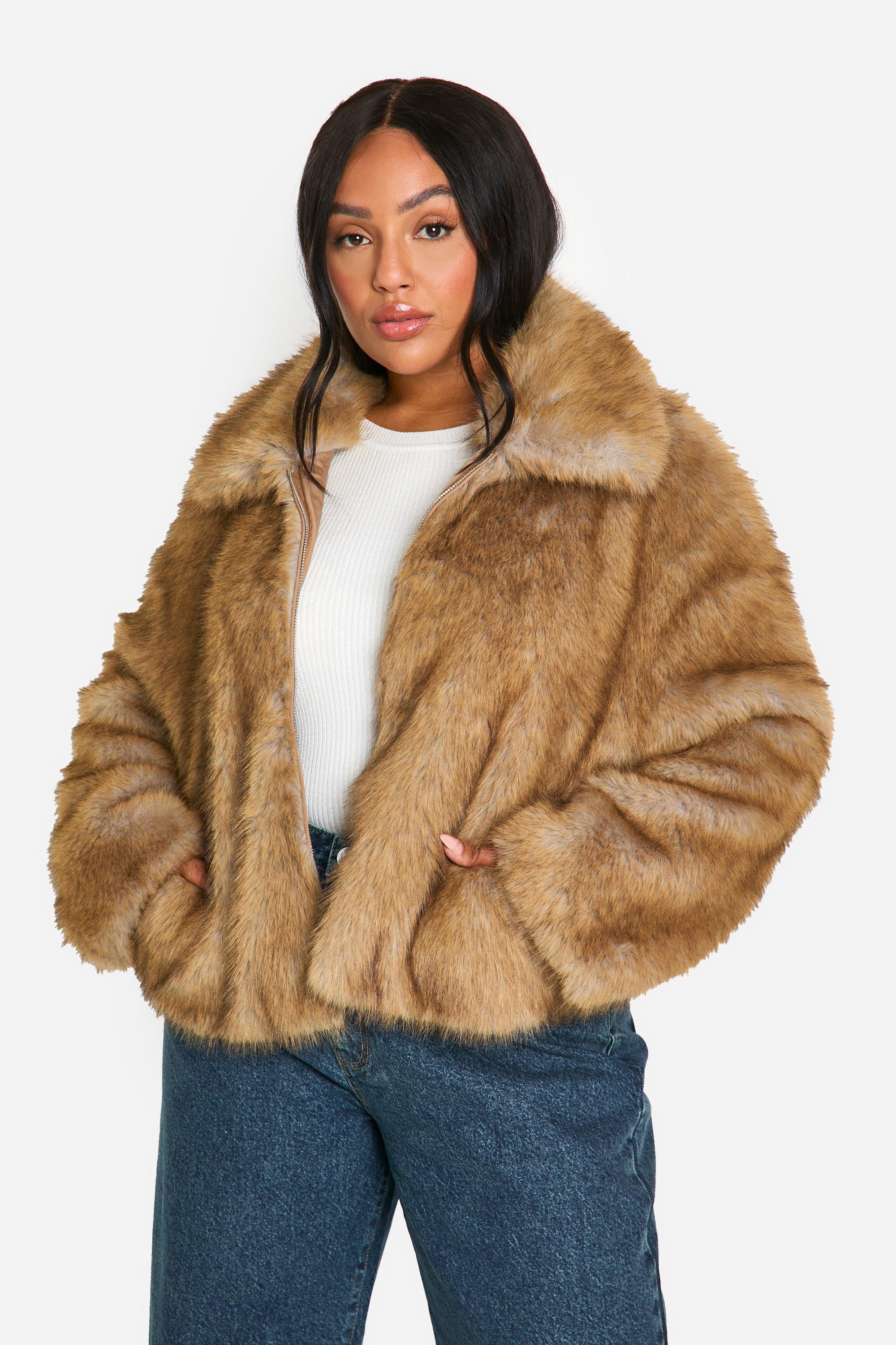 Boohoo Plus Premium Faux Fur Jas Met Kraag, Biscuit