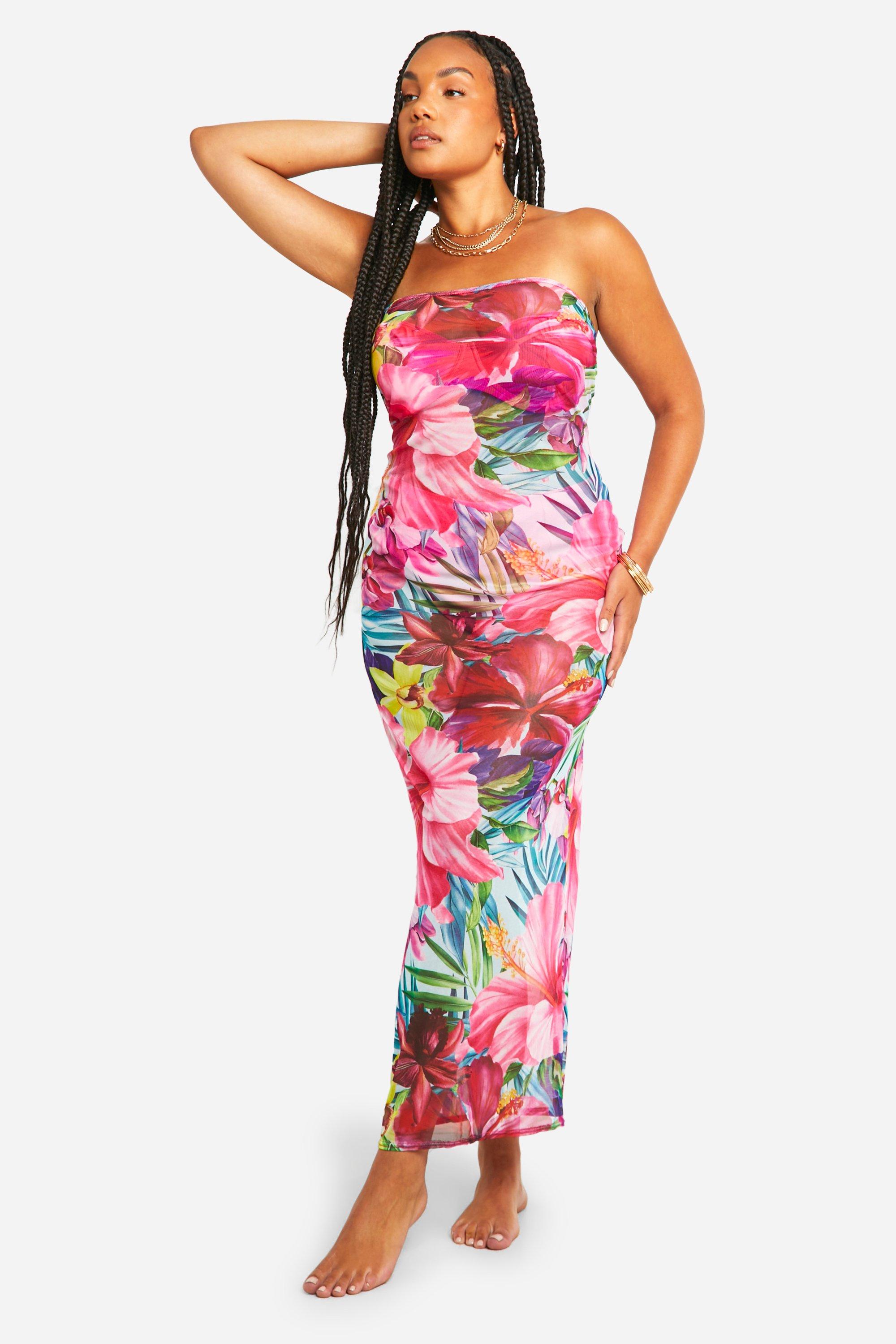Womens Plus Tropical Floral Print Bandeau Mesh Beach Dress - Multi - 16, Multi