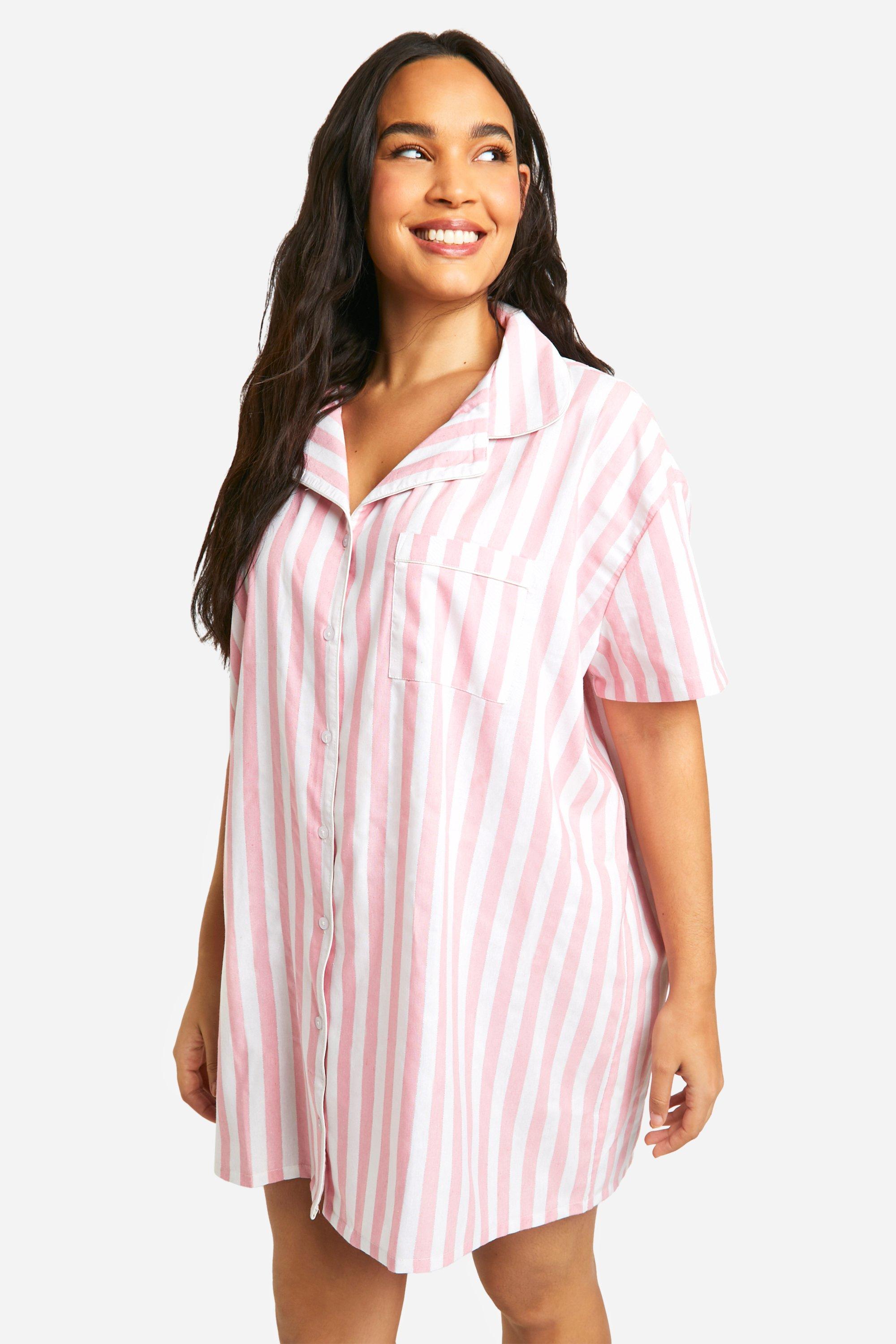 Womens Plus Short Sleeve Cotton Stripe Nightshirt - Pink - 18, Pink