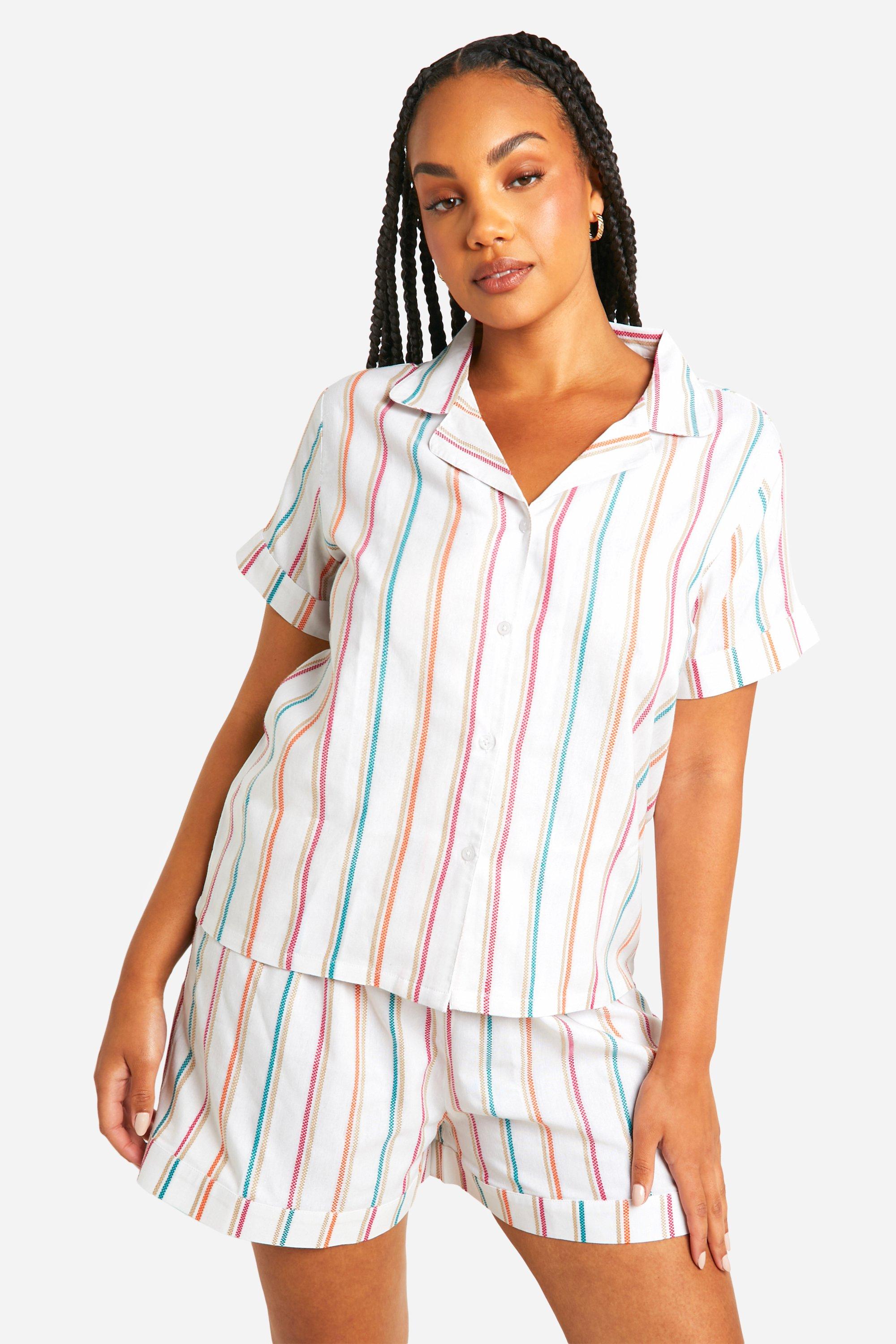 Womens Plus Cotton Poplin Multi Stripe Shirt And Short Pyjama Set - White - 28, White