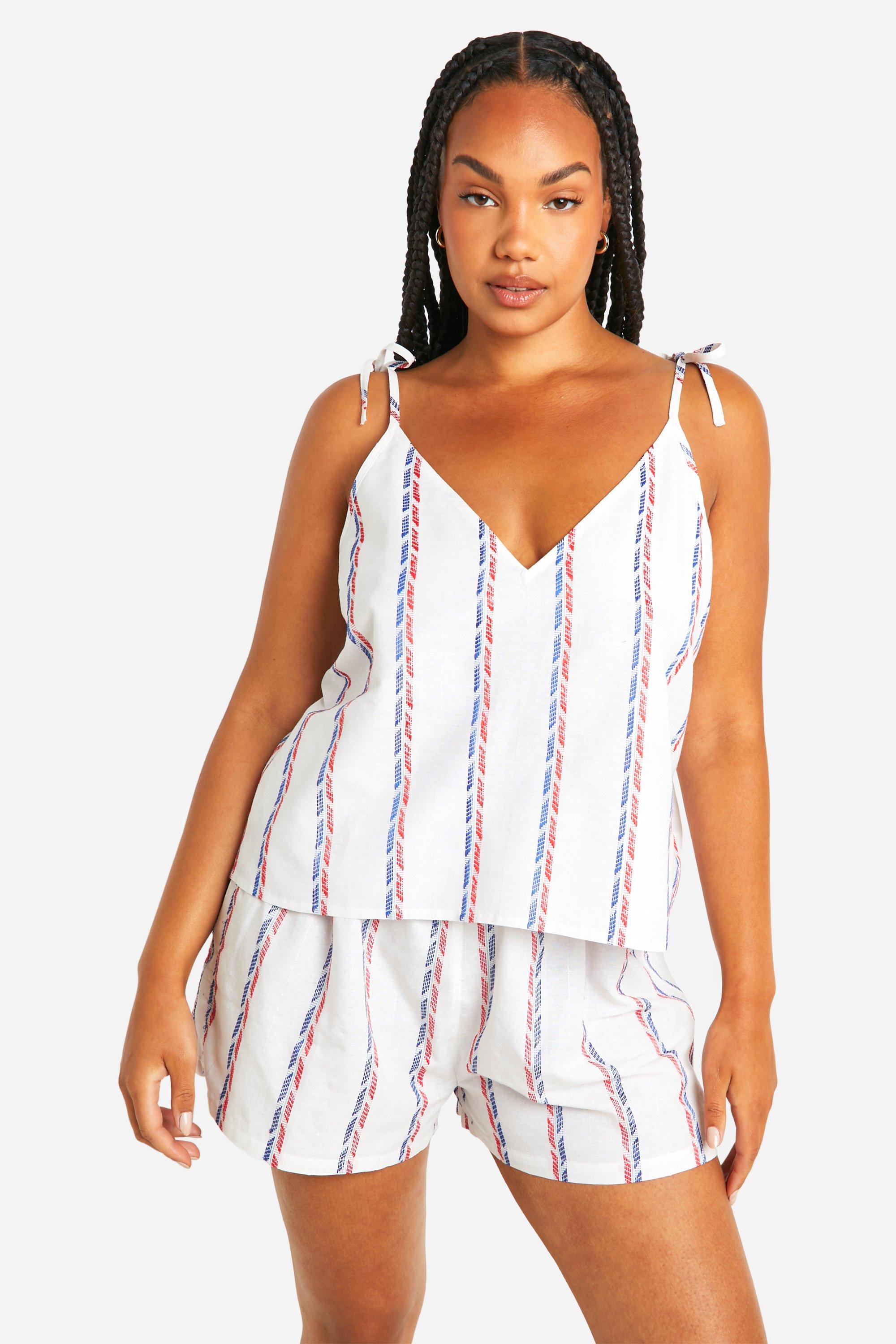 Womens Plus Cotton Poplin Multi Stripe Cami And Short Pyjama Set - White - 20, White