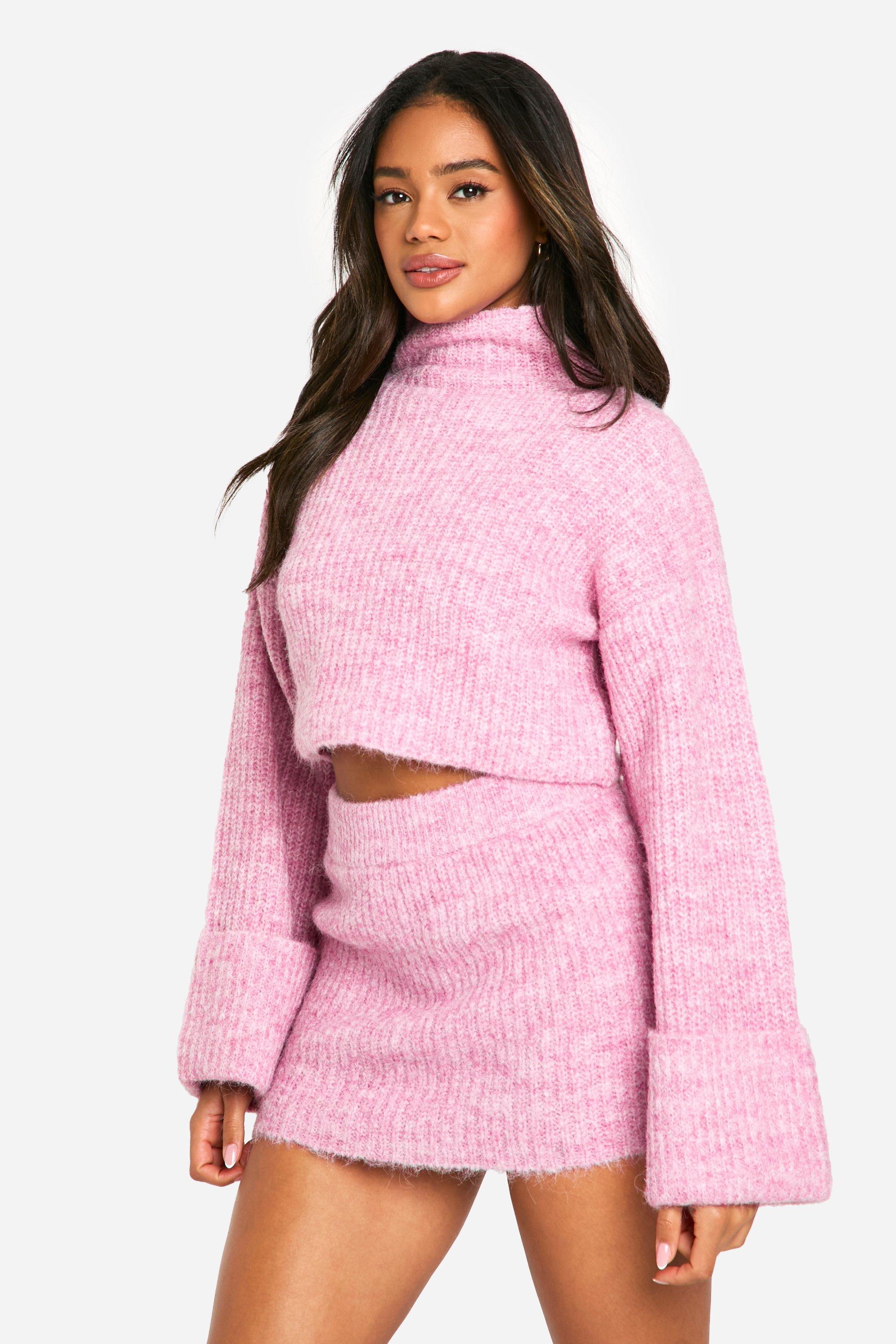 Boohoo Oversized Korte Gebreide Trui Met Hoge Hals En Mini Mini Rokje Set, Washed Pink