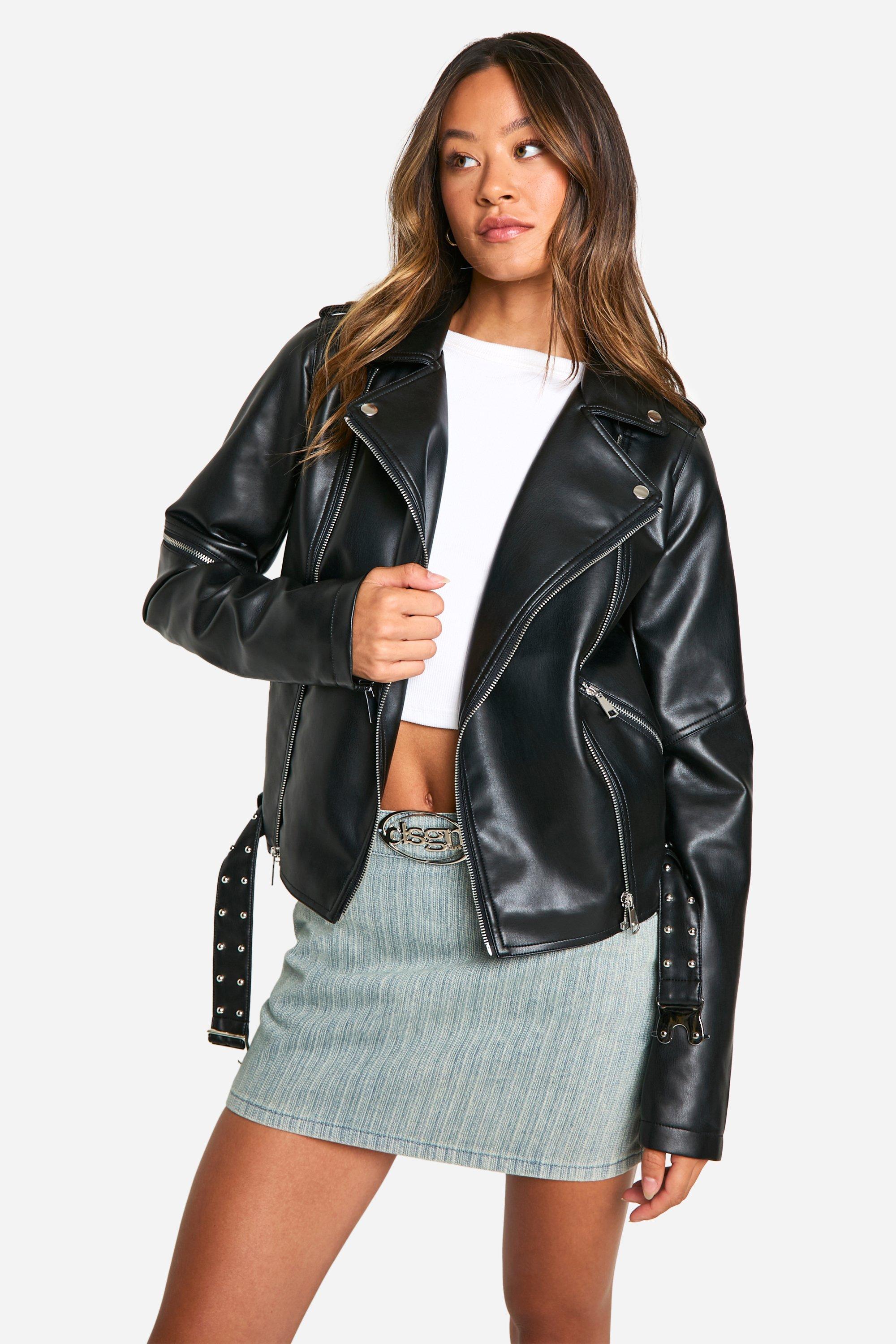 Womens Tall Belt Detail Faux Leather Biker Jacket - Black - 6, Black